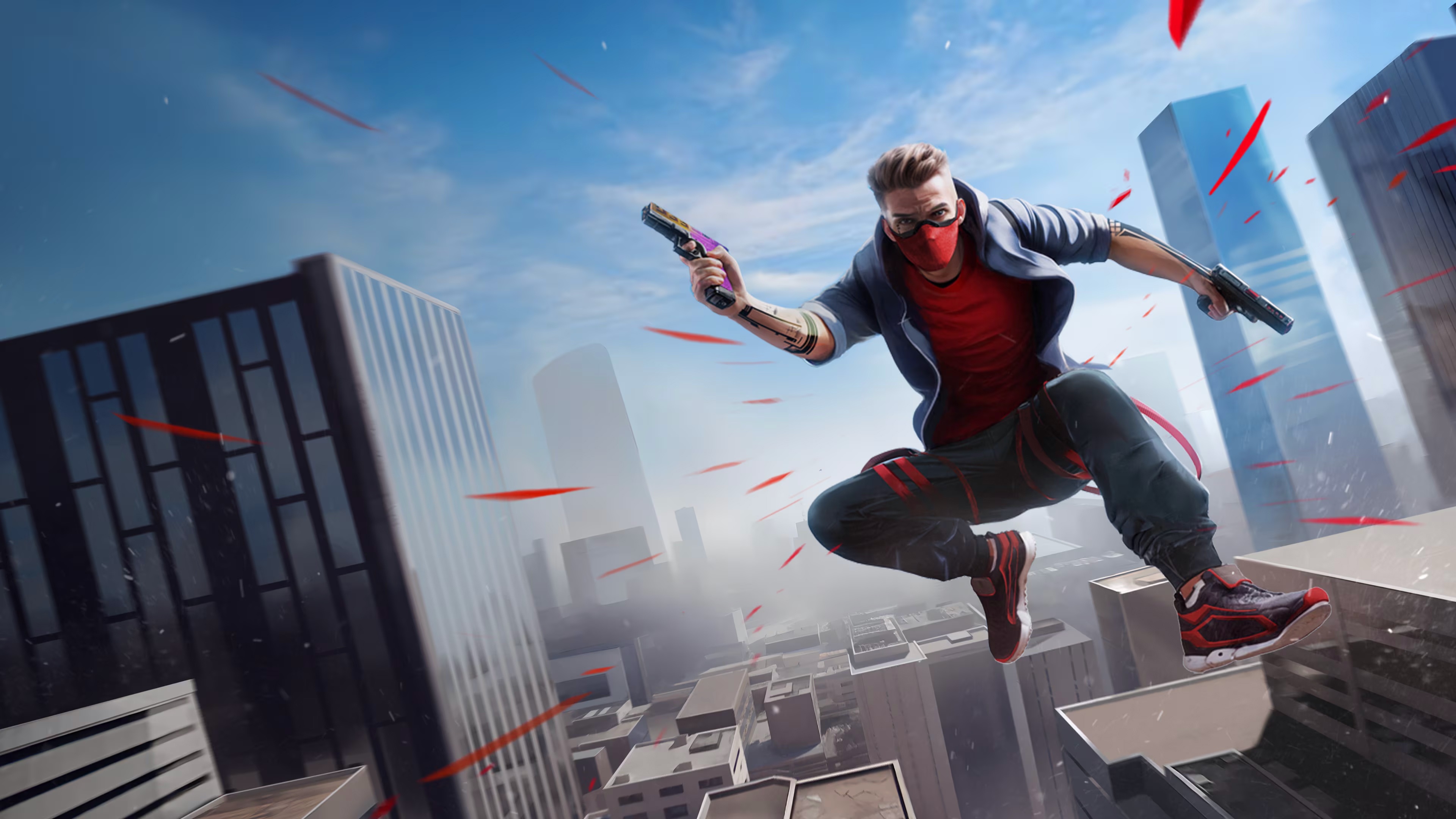 Stride Fates: Man with guns jumping between buildings HD Wallpaper