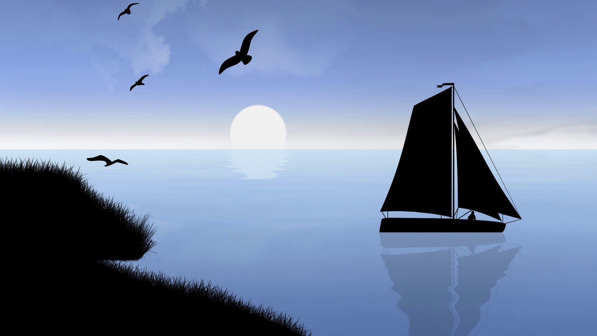 Sailboat on the sea at sunset with birds HD Wallpaper