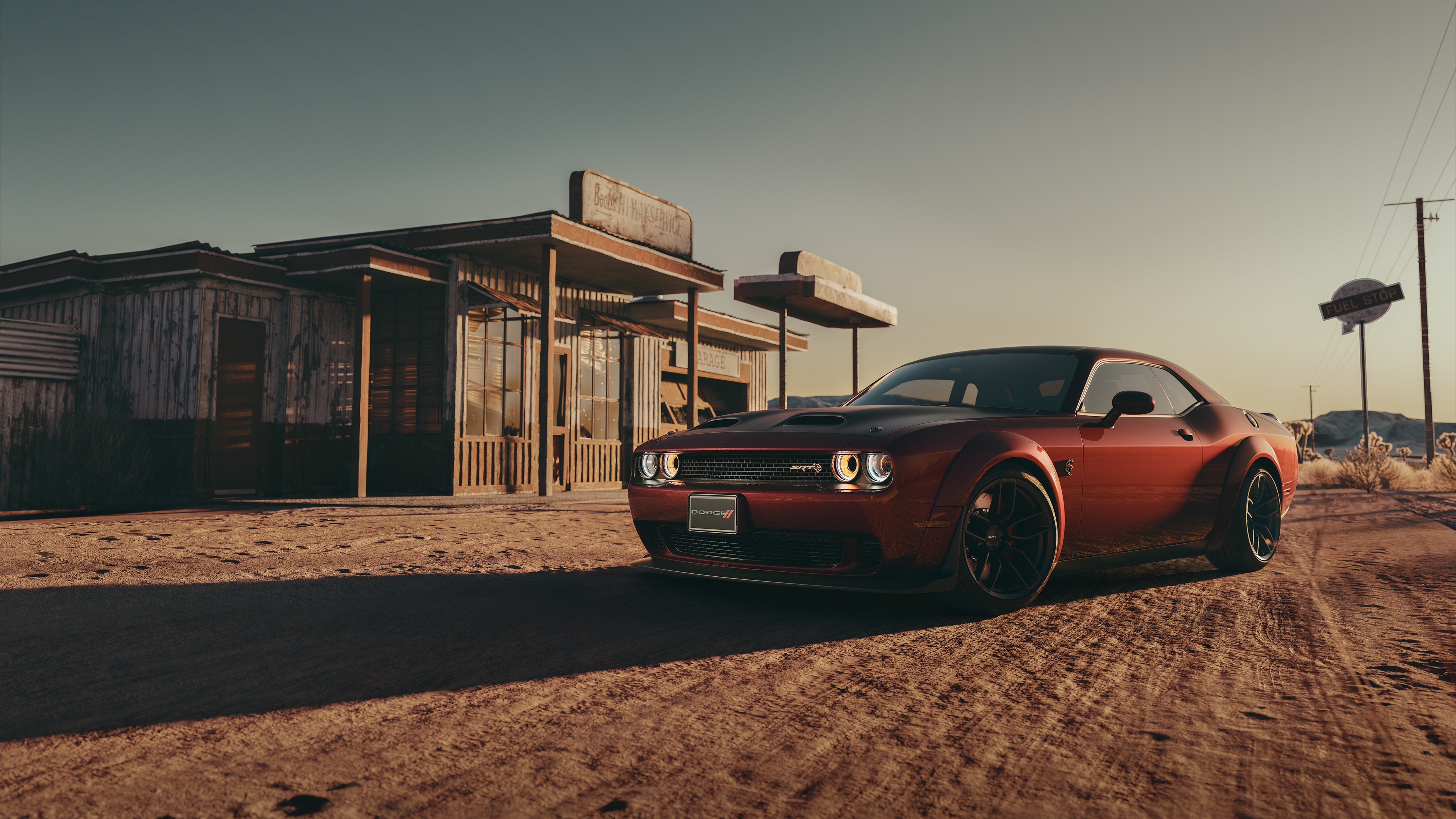 Red Dodge Challenger SRT Hellcat in a Desert Town HD Wallpaper