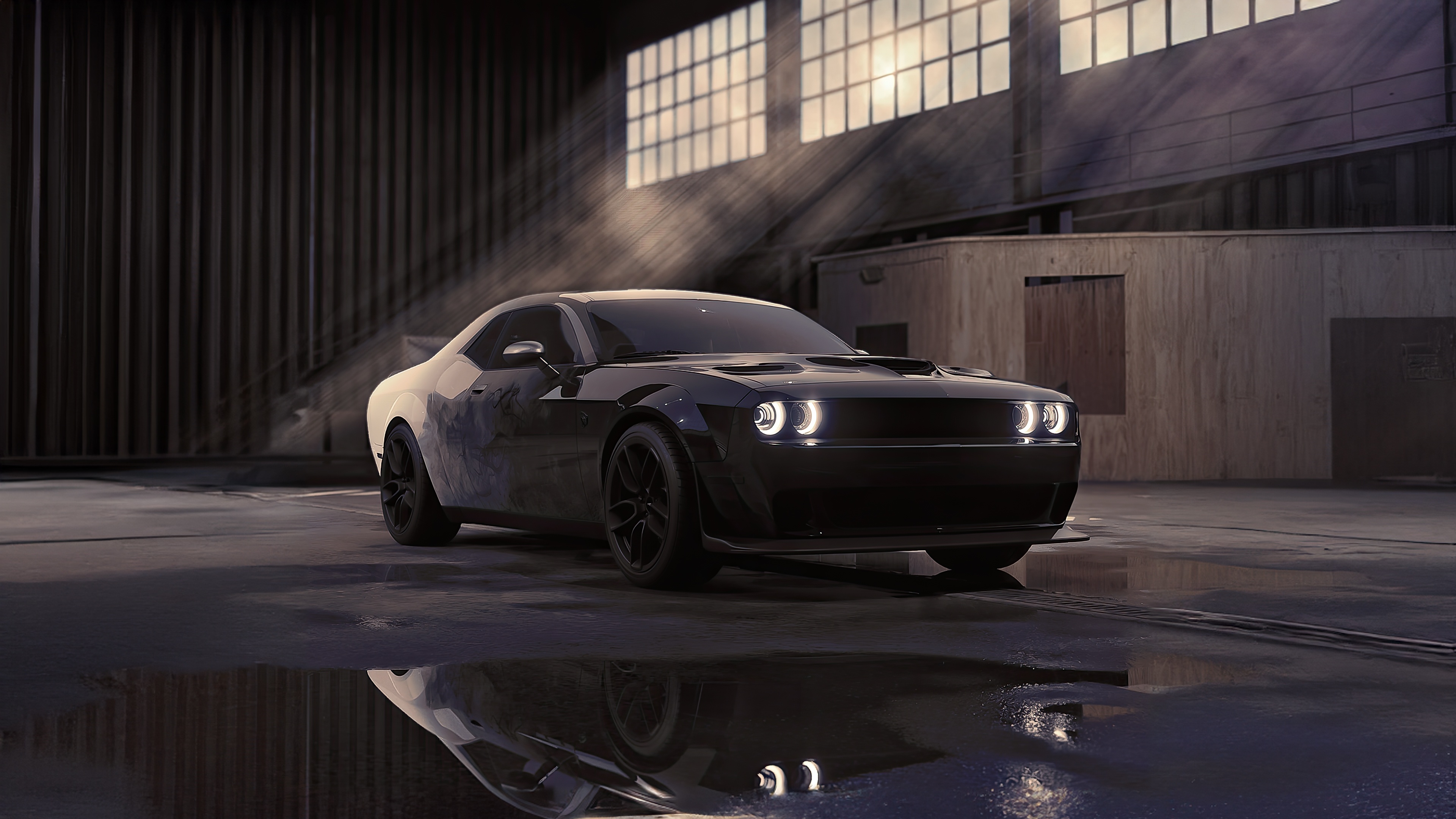 Matte Black Dodge Challenger in a Warehouse HD Wallpaper