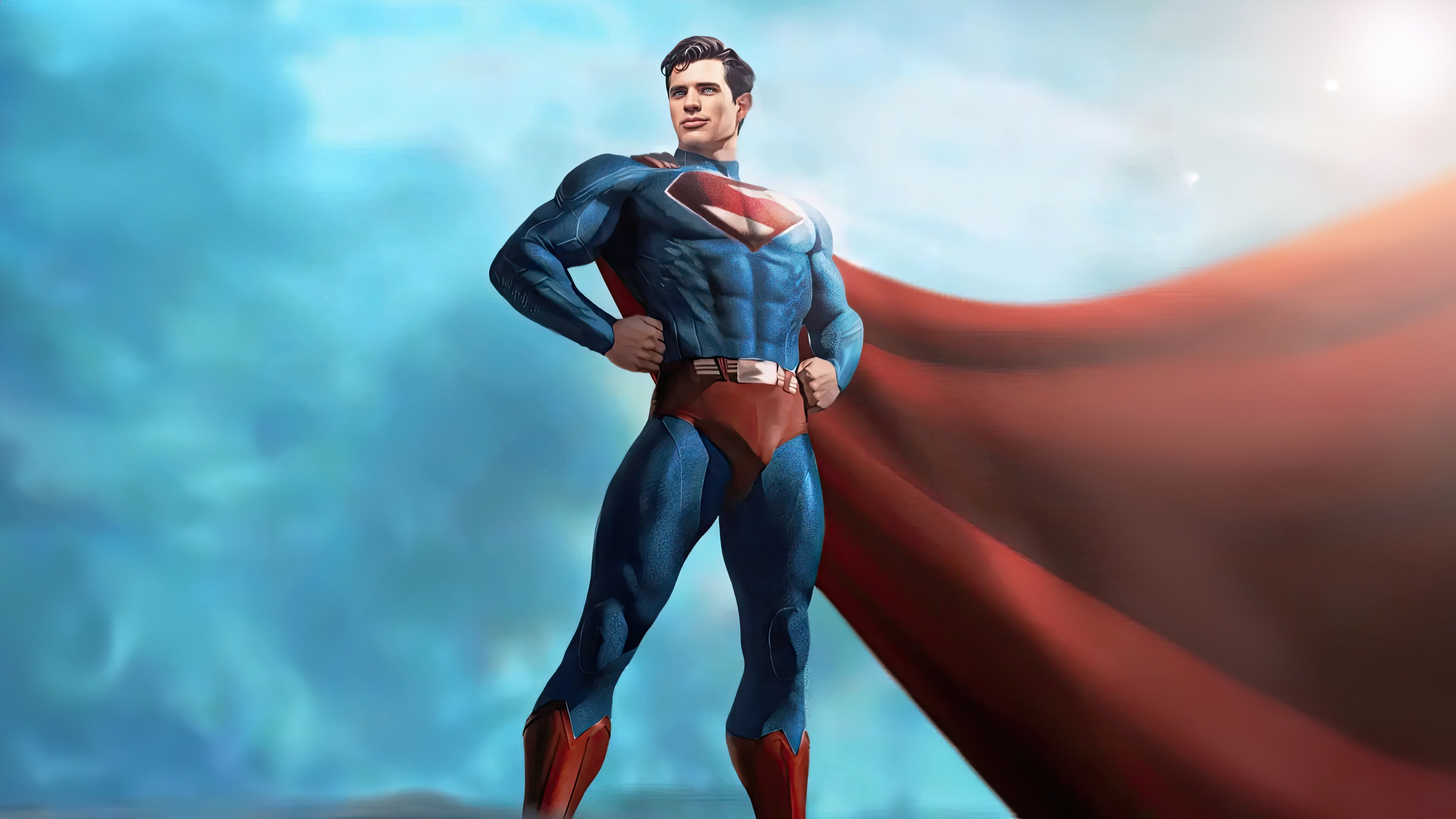 Superman with Red Cape Against Blue Sky HD Wallpaper