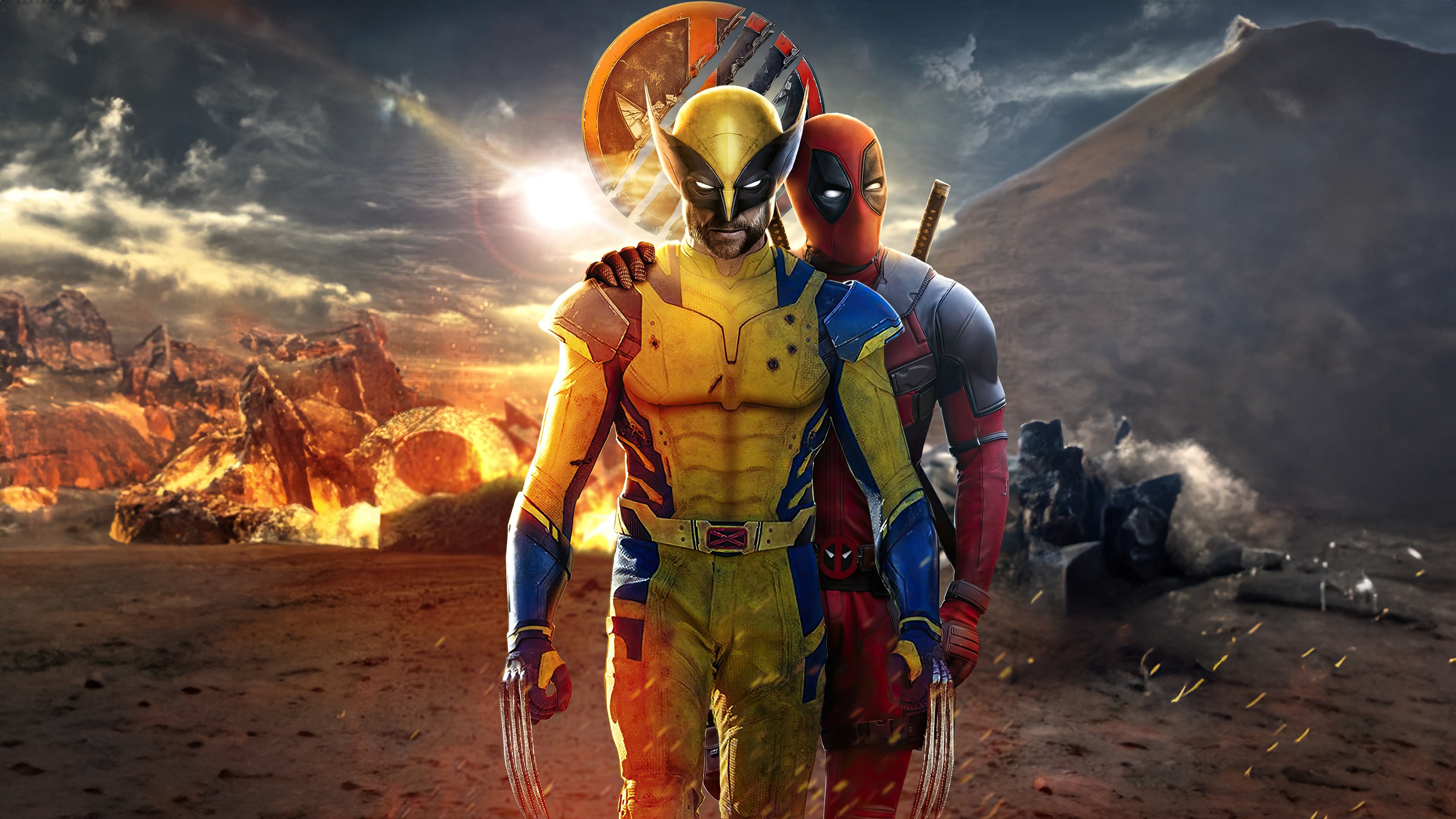 Deadpool and Wolverine in a desolate landscape HD Wallpaper