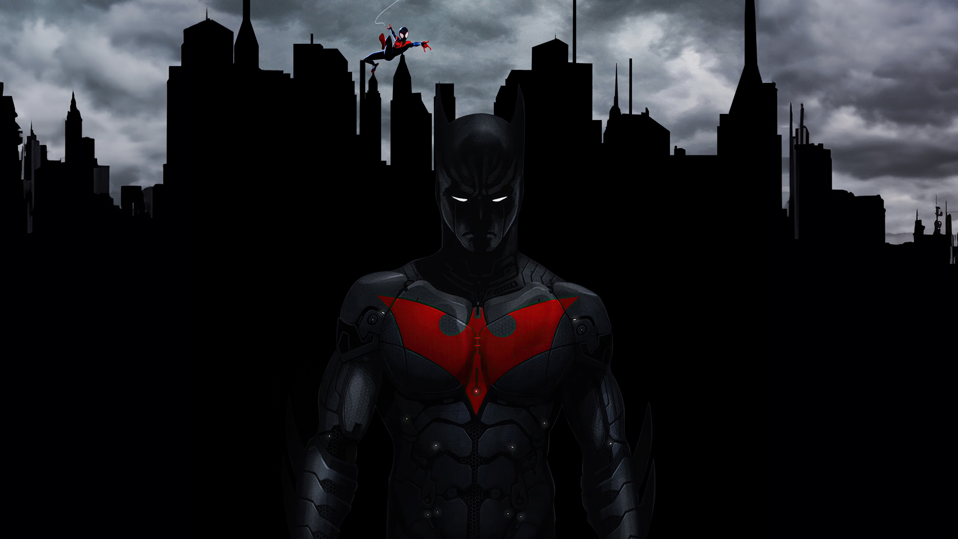 Batman Beyond and Spider-Man in a dark city HD Wallpaper