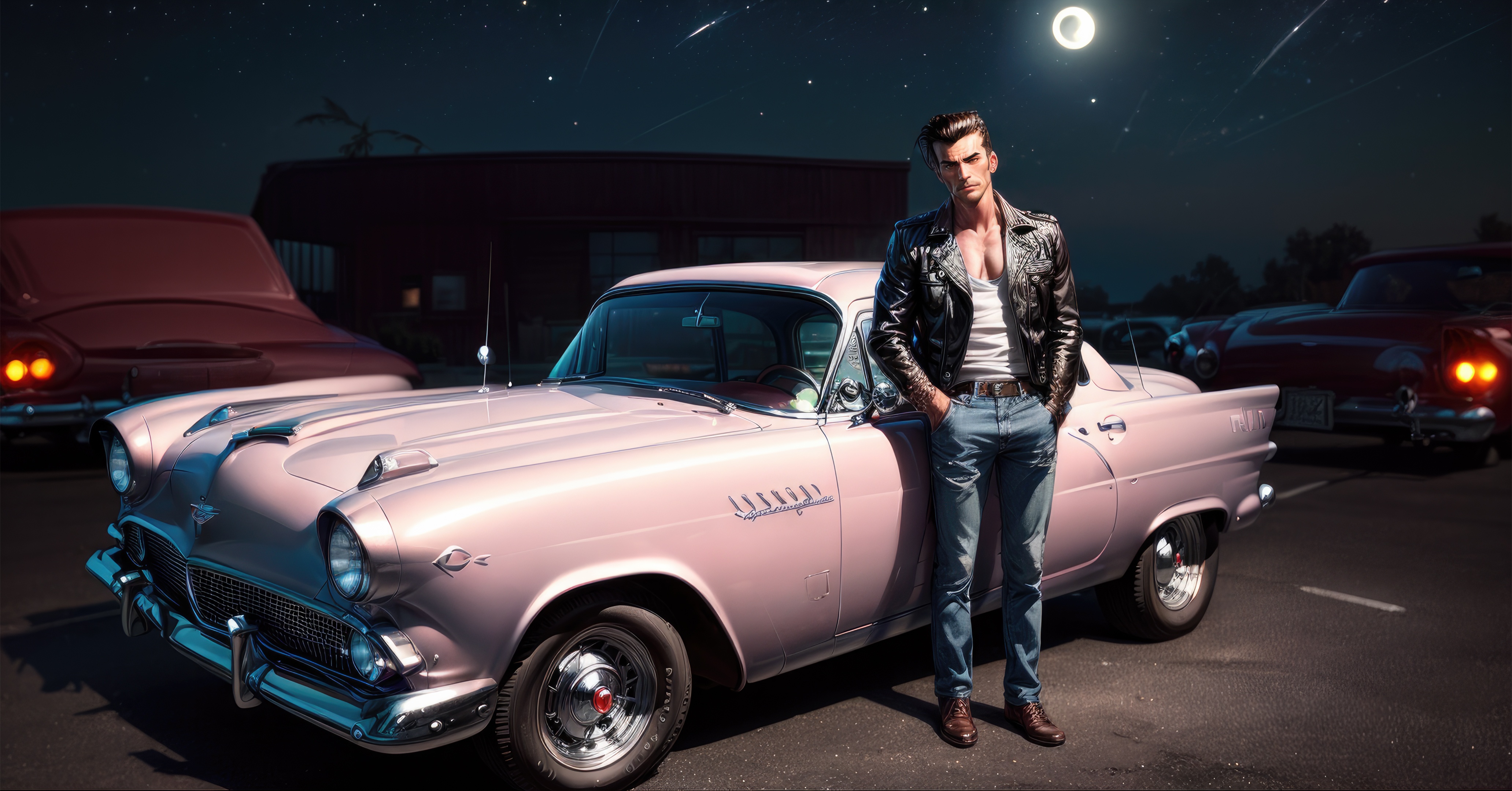 Man in leather jacket with a pink classic car at night HD Wallpaper