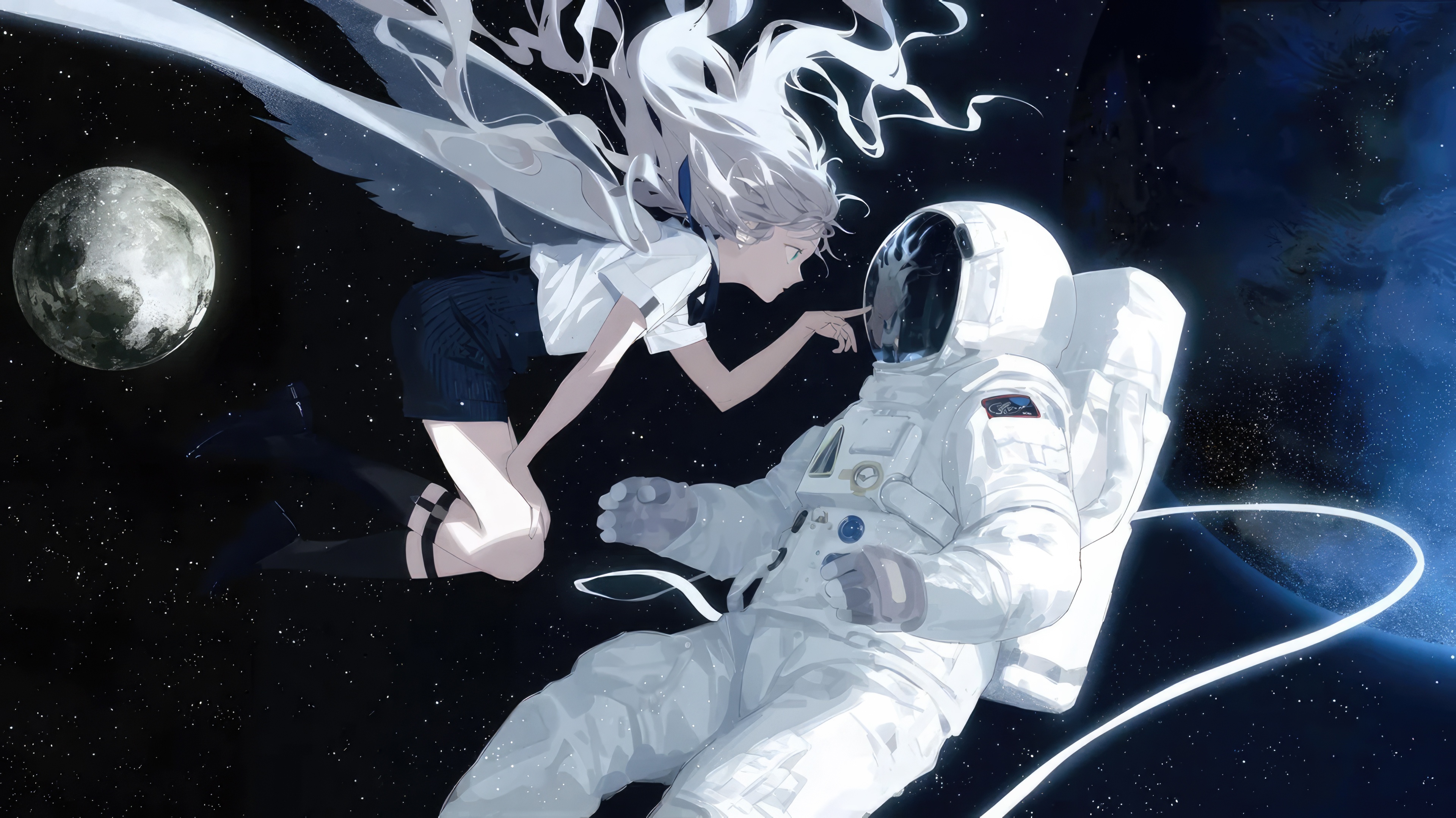 Anime girl with wings touches astronaut in space HD Wallpaper