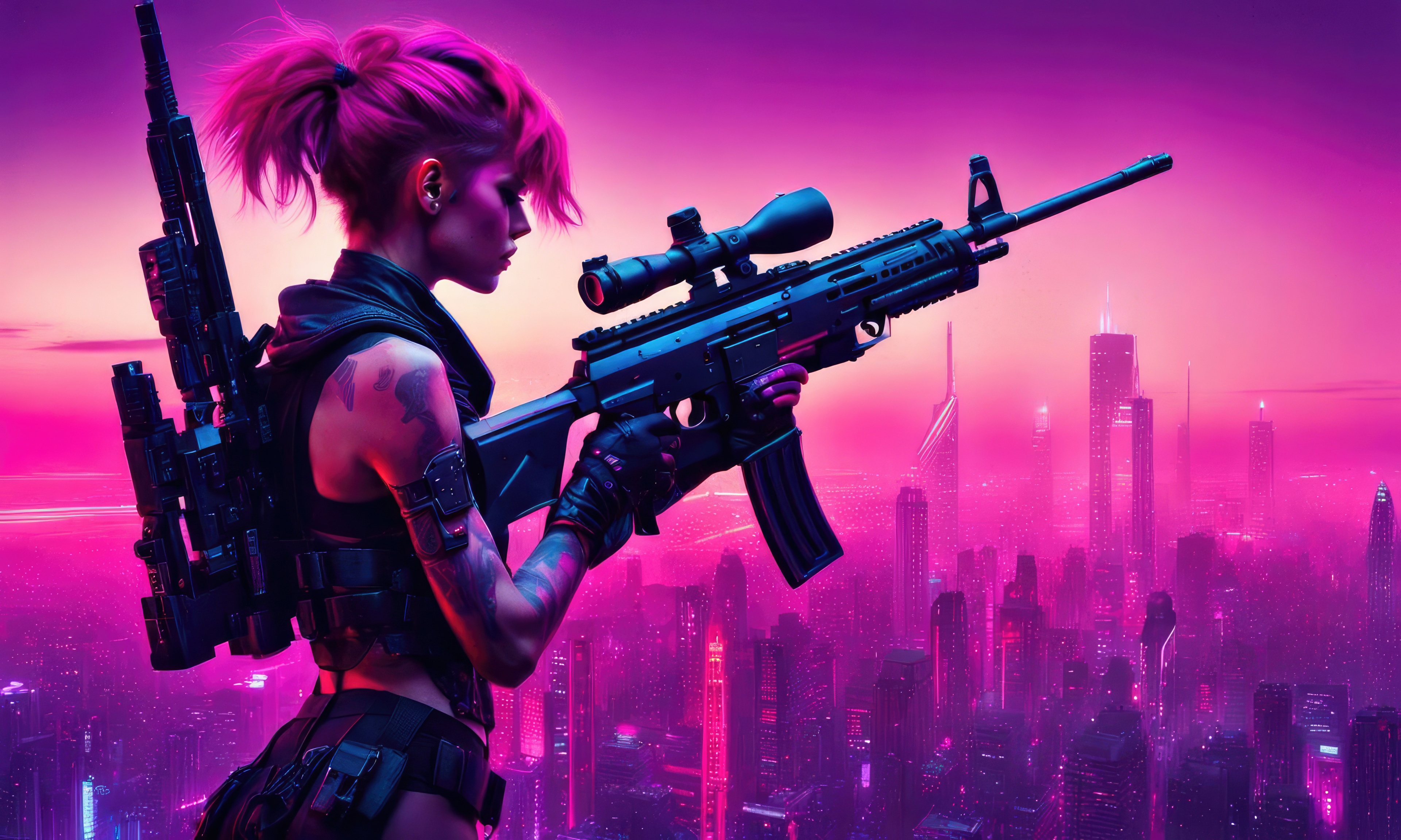 Bounty Hunter with Sniper Rifle in Neon City HD Wallpaper