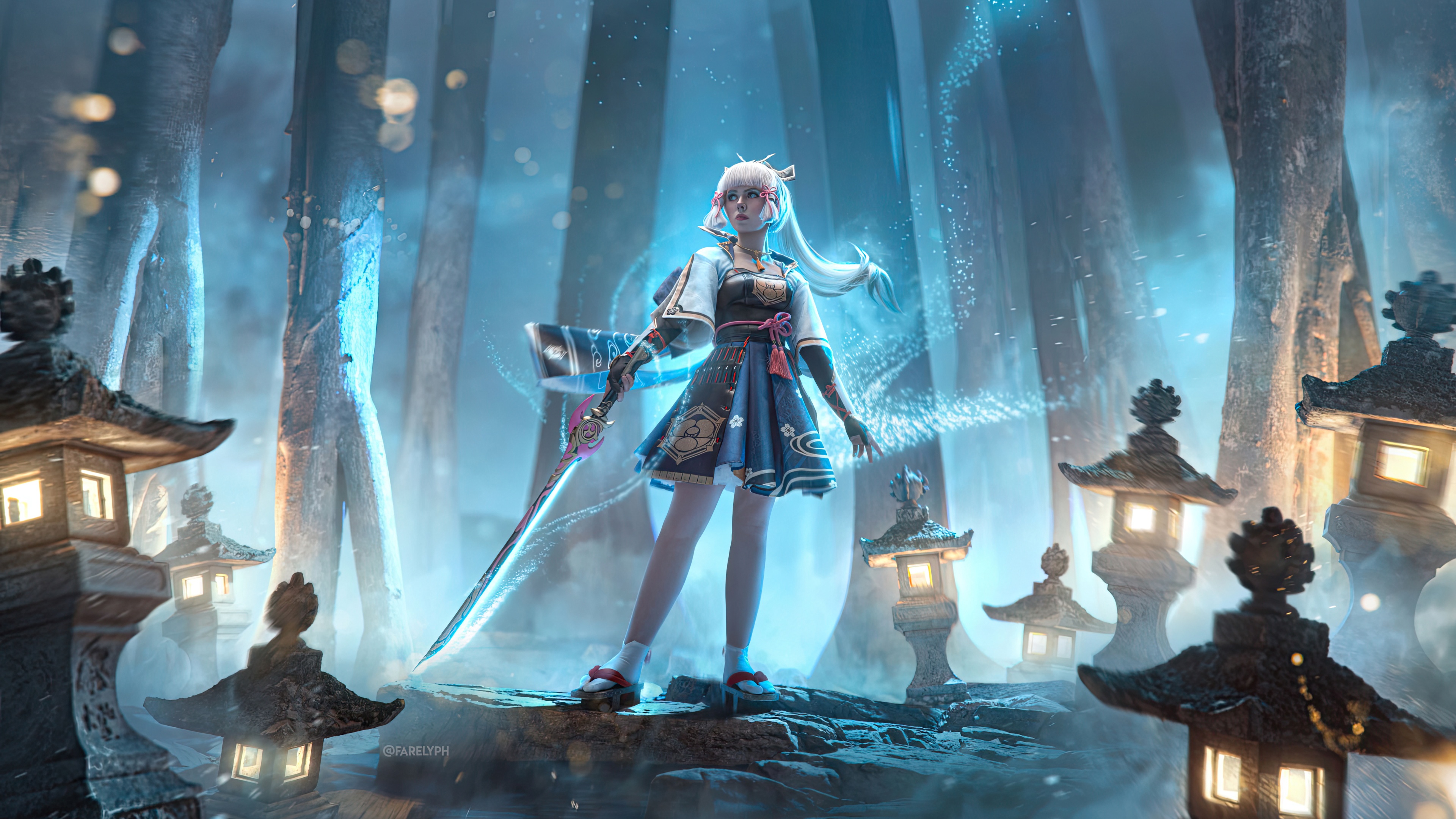 Ayaka from Genshin Impact in a mystical forest HD Wallpaper