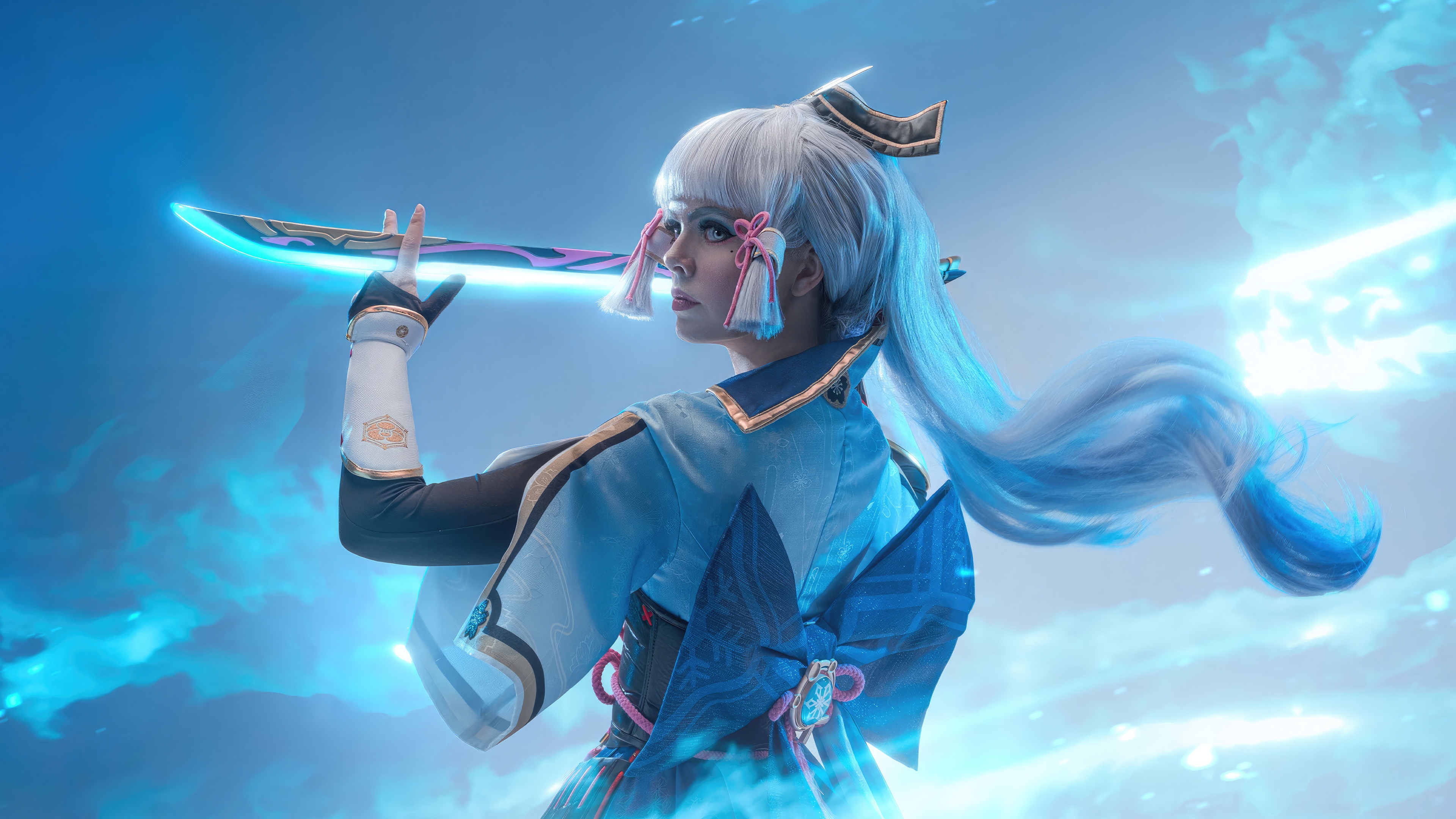 Ayaka from Genshin Impact with glowing sword HD Wallpaper