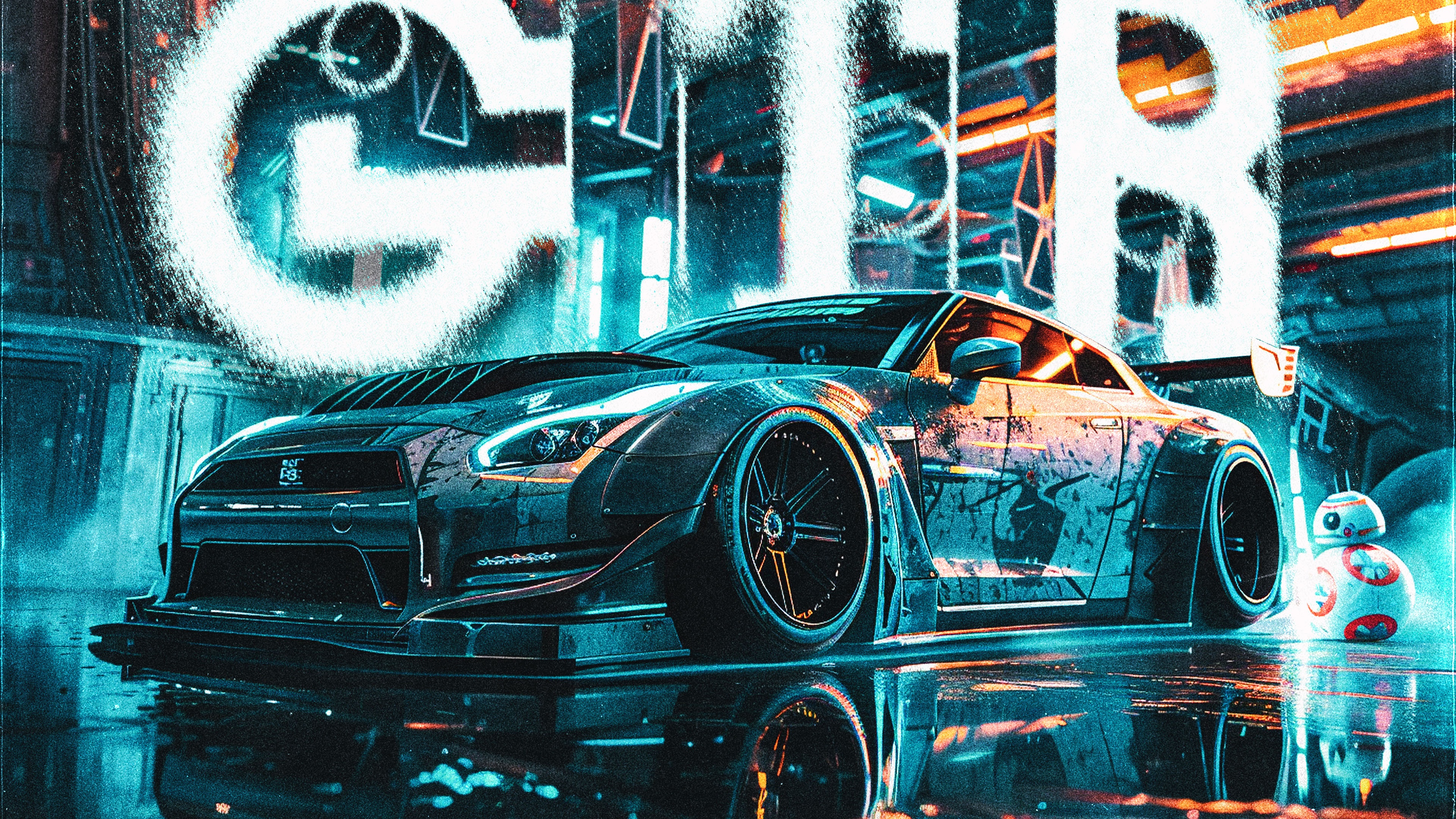 Star Wars BB-8 and GTR car in neon city HD Wallpaper