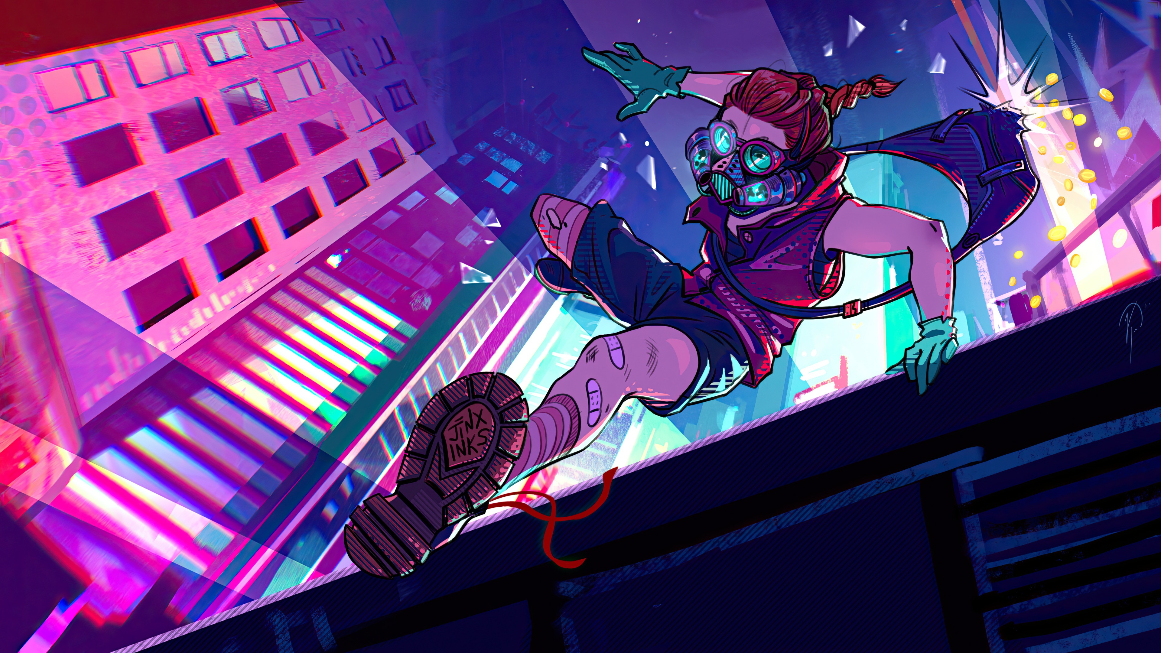 Girl in goggles and mask parkouring in a neon city HD Wallpaper