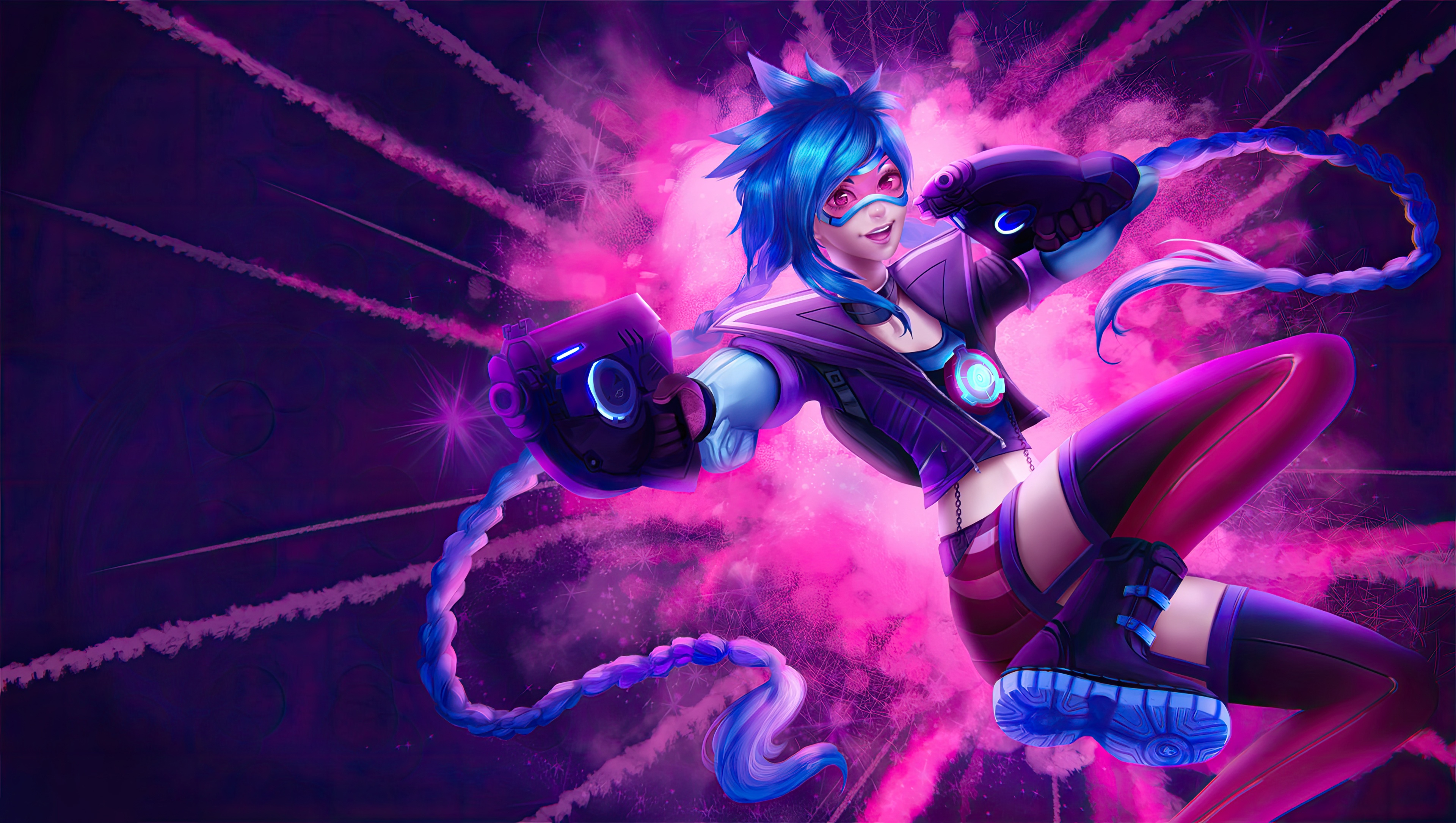 Jinx from League of Legends with blue hair and guns HD Wallpaper
