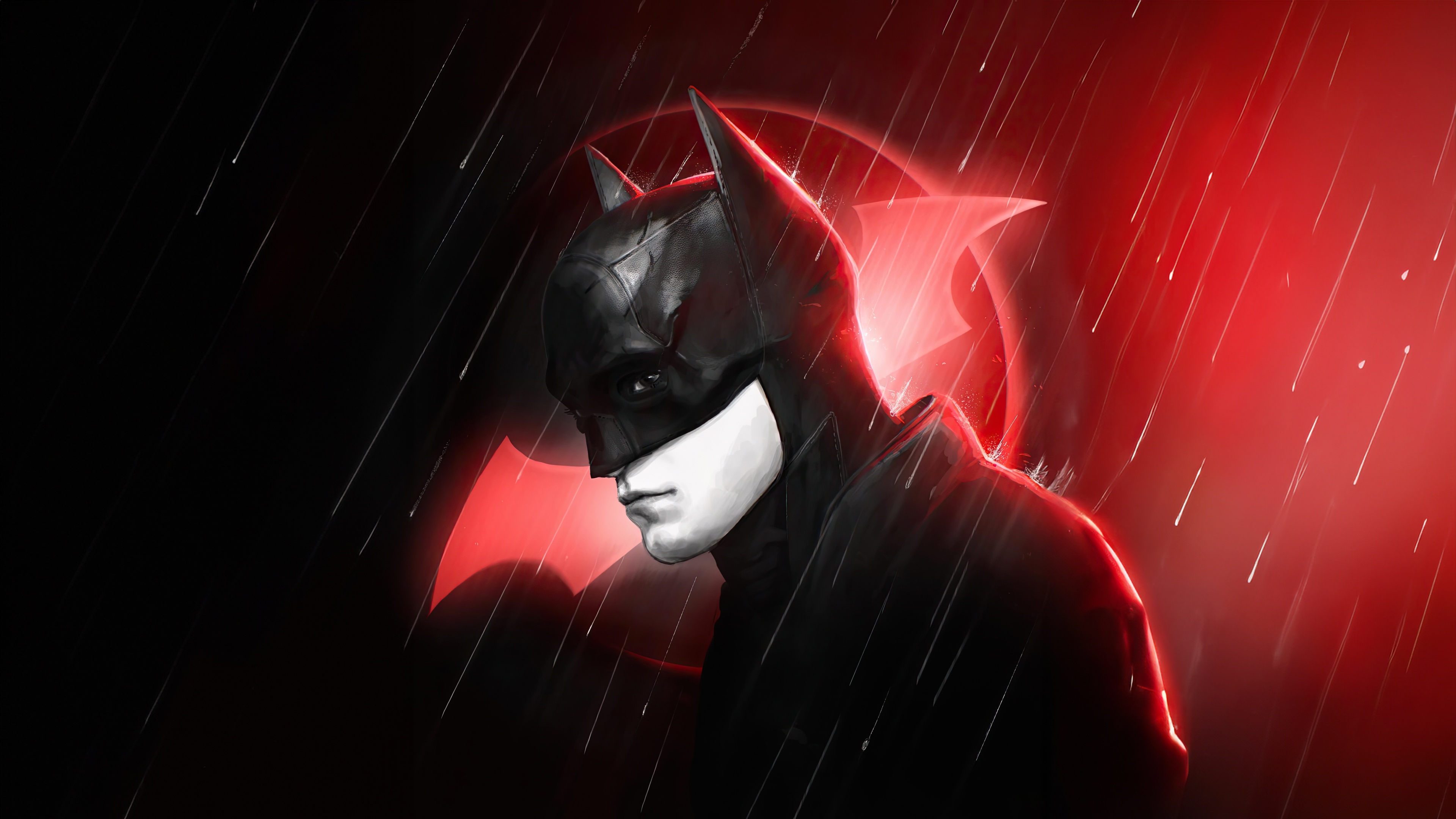 Batman in the Rain with Red Bat Symbol HD Wallpaper