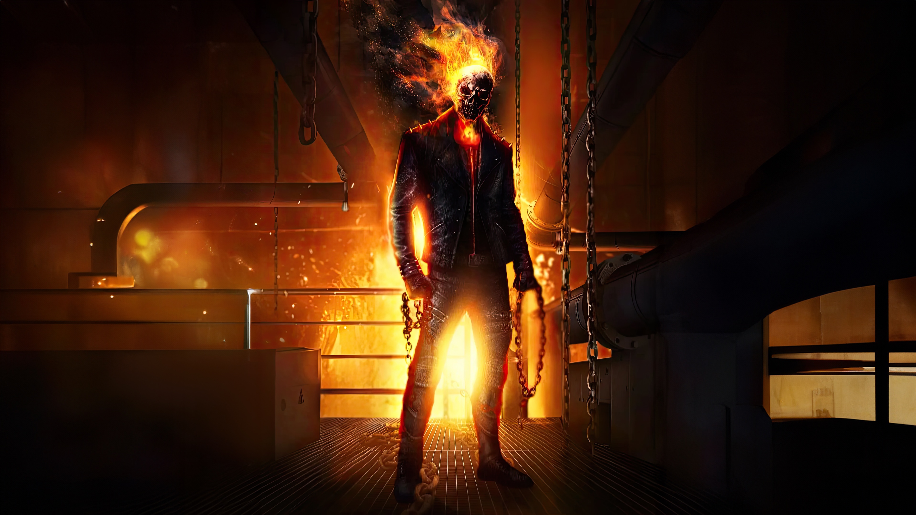 Ghost Rider in a fiery industrial setting HD Wallpaper