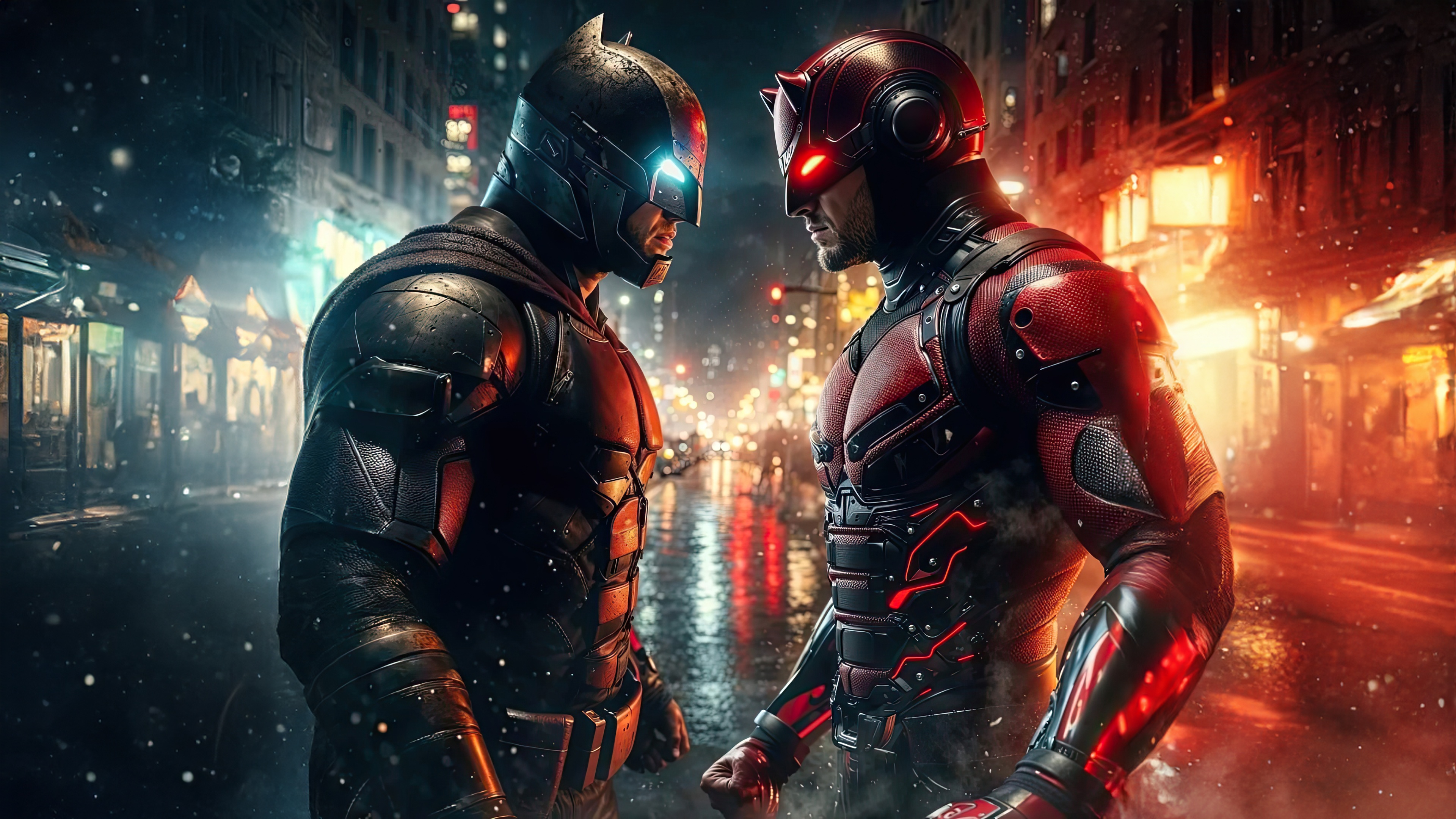 Batman and Daredevil face off in a city at night HD Wallpaper
