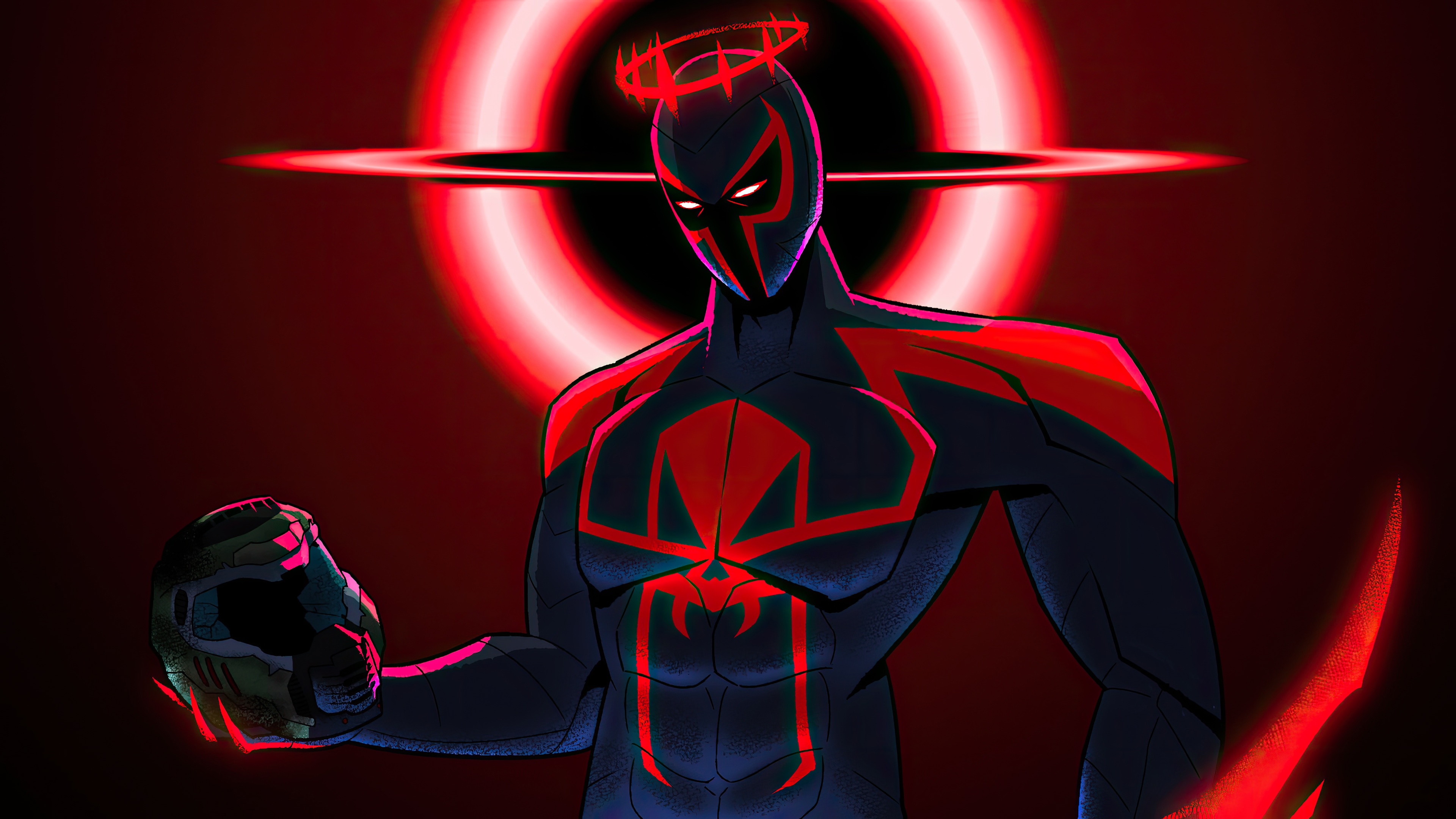 Spider-Man 2099 holding Doom Slayer's helmet HD Wallpaper