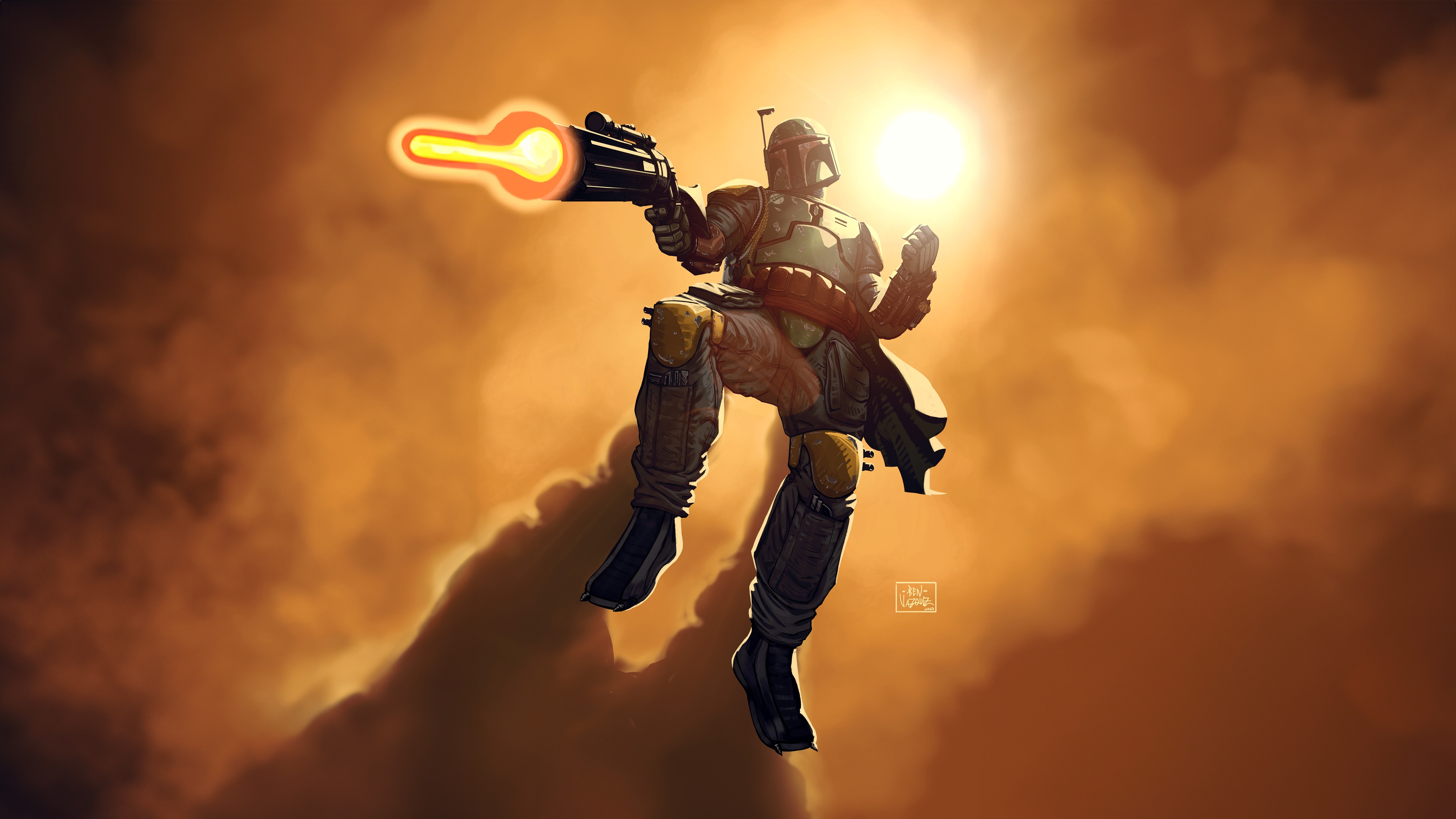 Boba Fett firing his weapon in the sky HD Wallpaper
