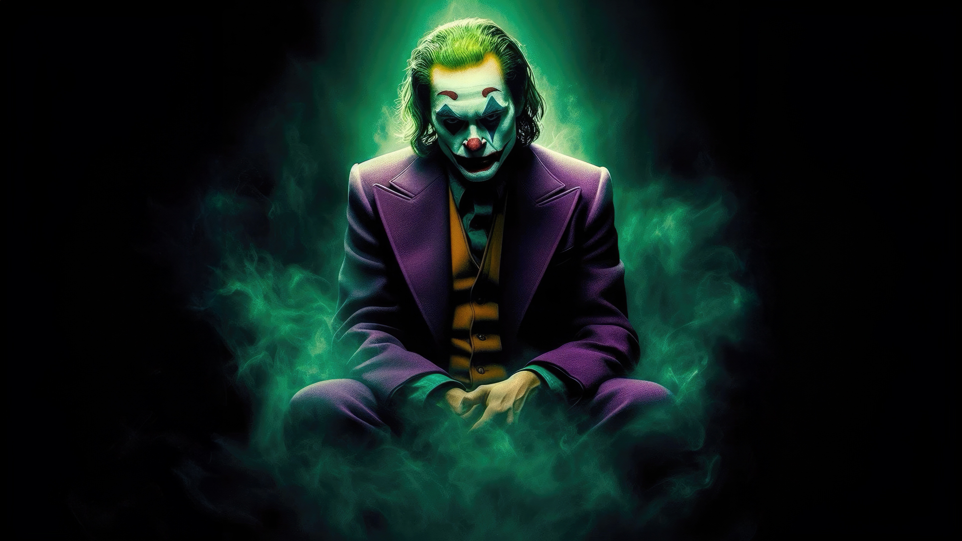 Joker sitting in green smoke HD Wallpaper
