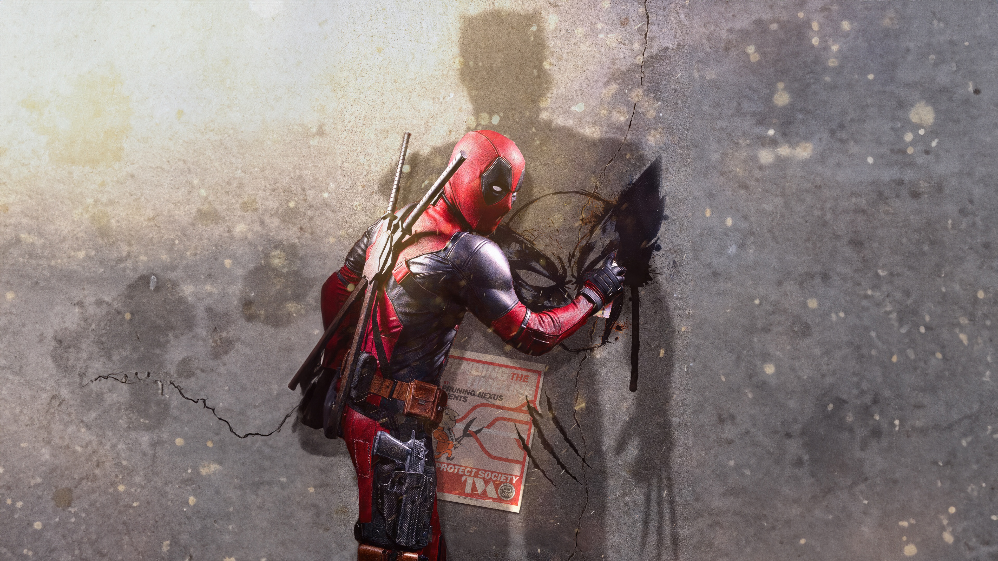 Deadpool painting a shadow of Wolverine on a wall HD Wallpaper