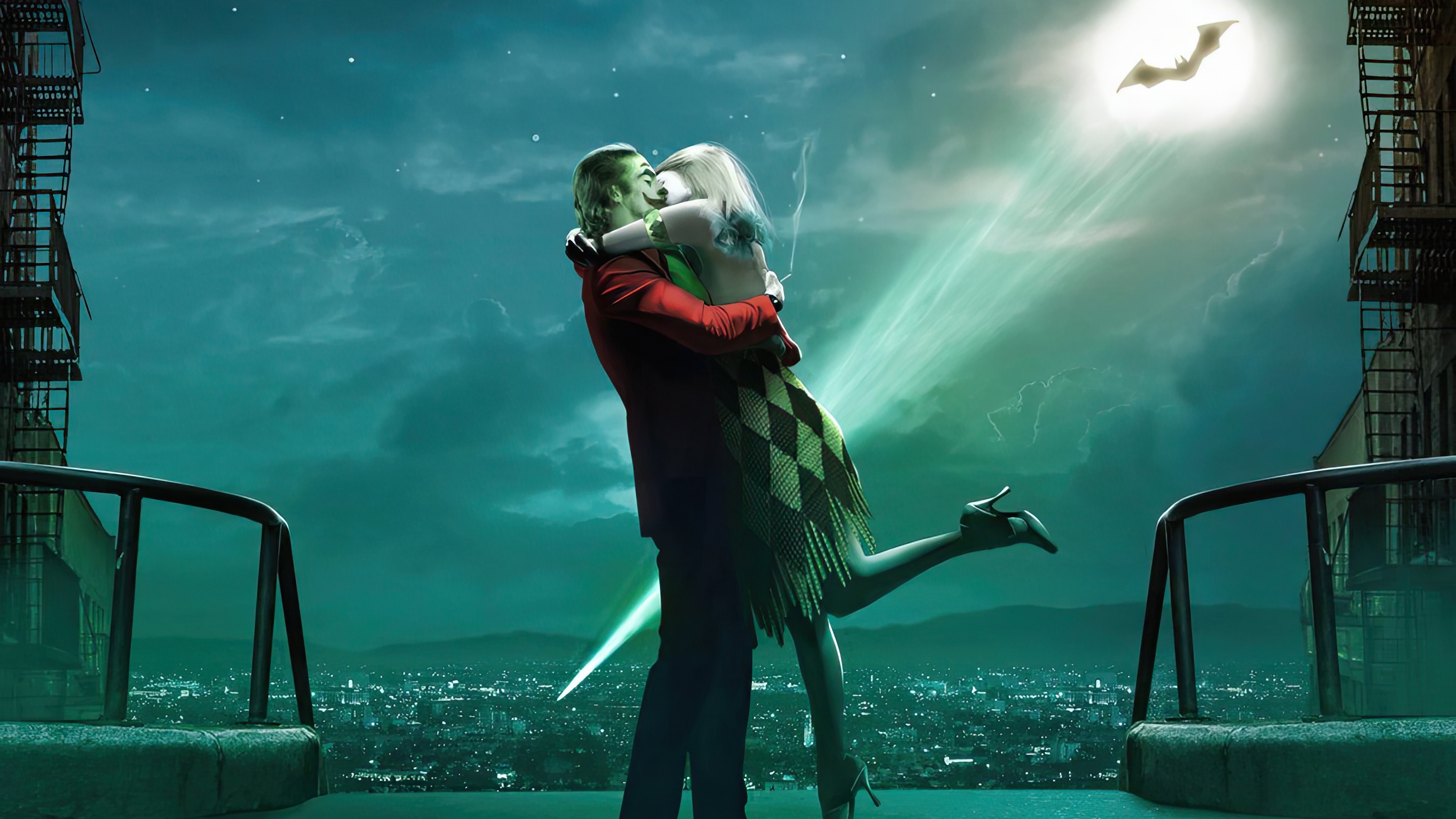 Joker and Harley Quinn embrace under a bat signal HD Wallpaper