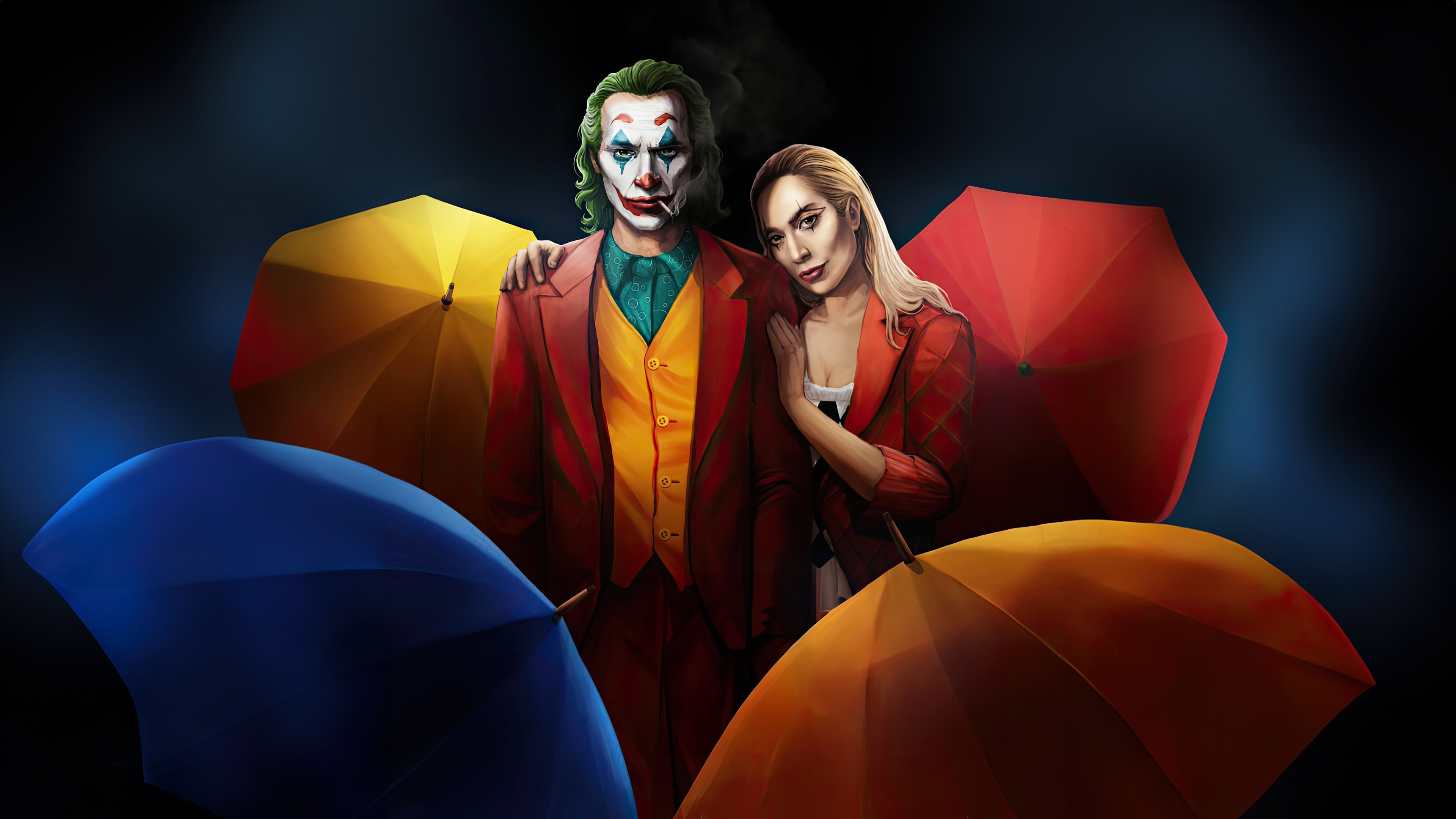 Joker and Harley Quinn with Umbrellas HD Wallpaper