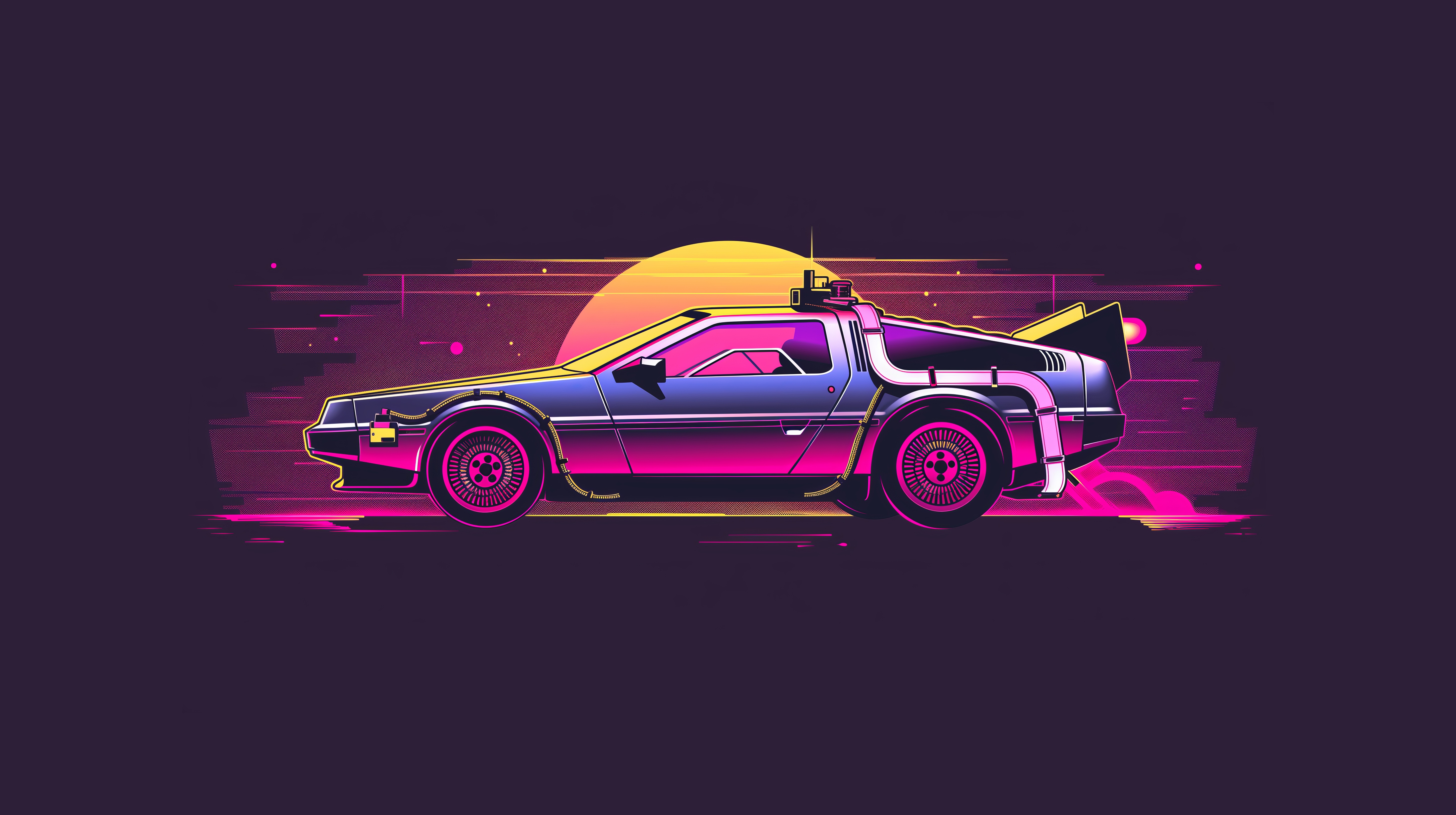 Delorean Synthwave Car with Sunset HD Wallpaper