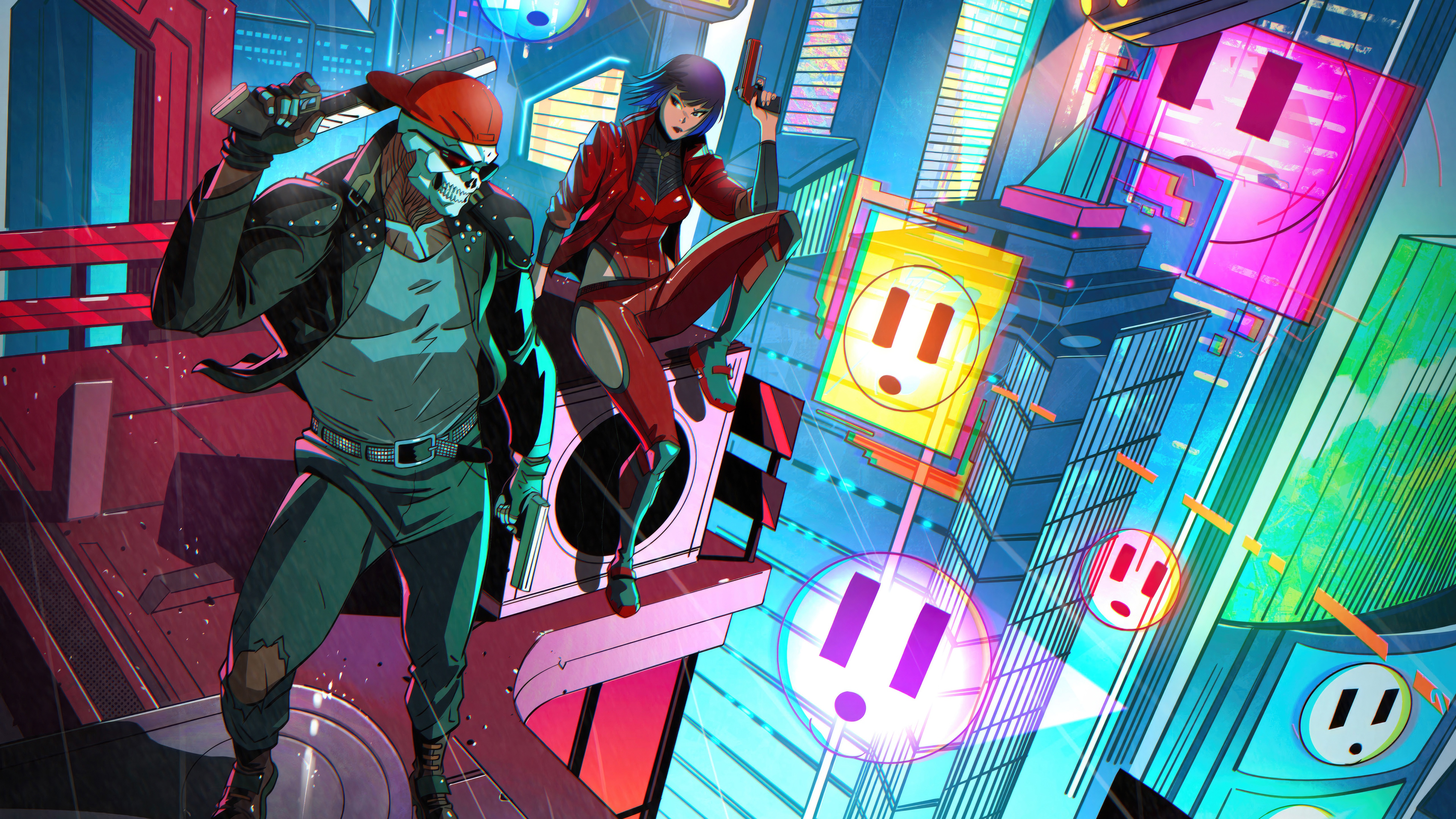 Magnavolt X Scattle Observer characters in neon city HD Wallpaper