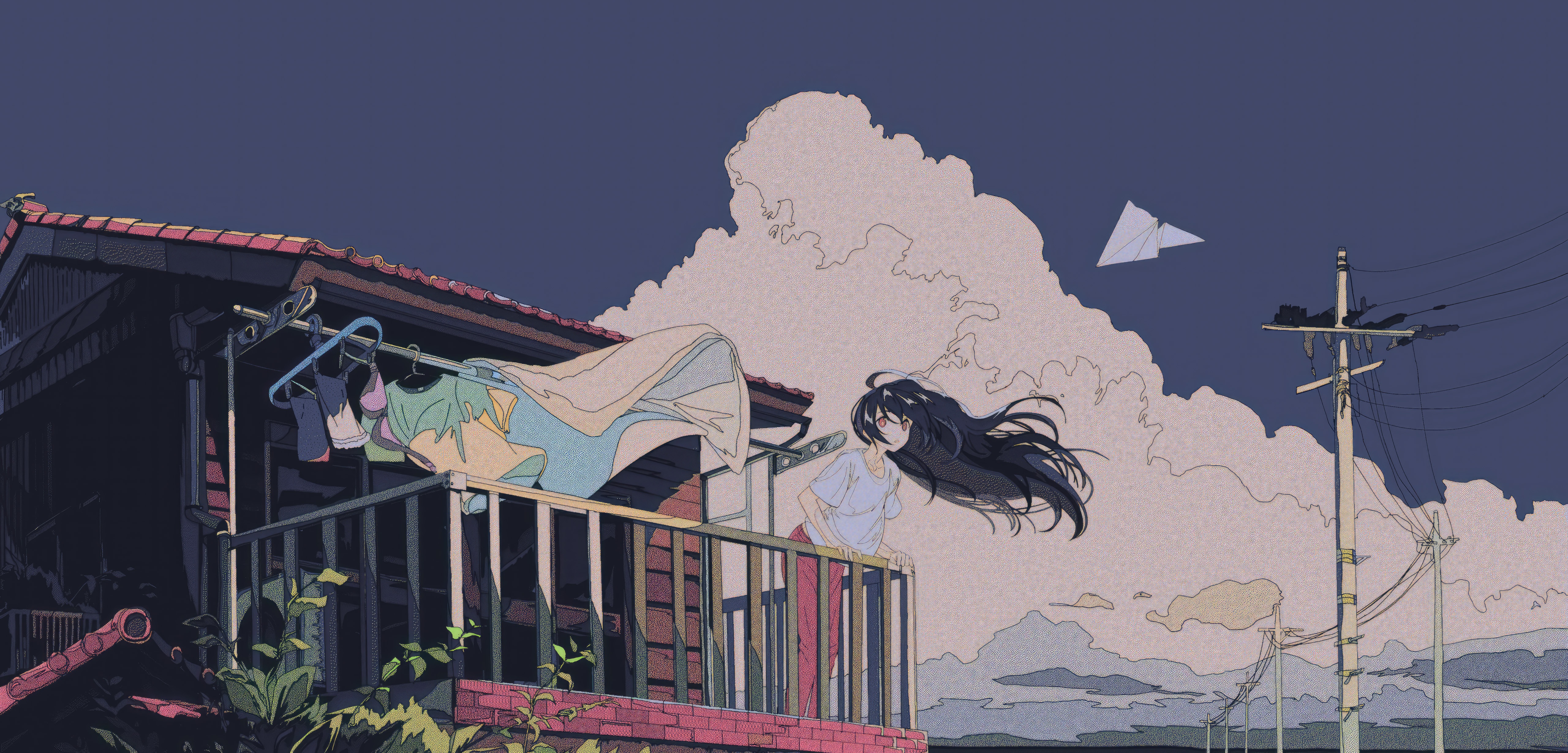 Anime girl on balcony with laundry and paper airplane HD Wallpaper