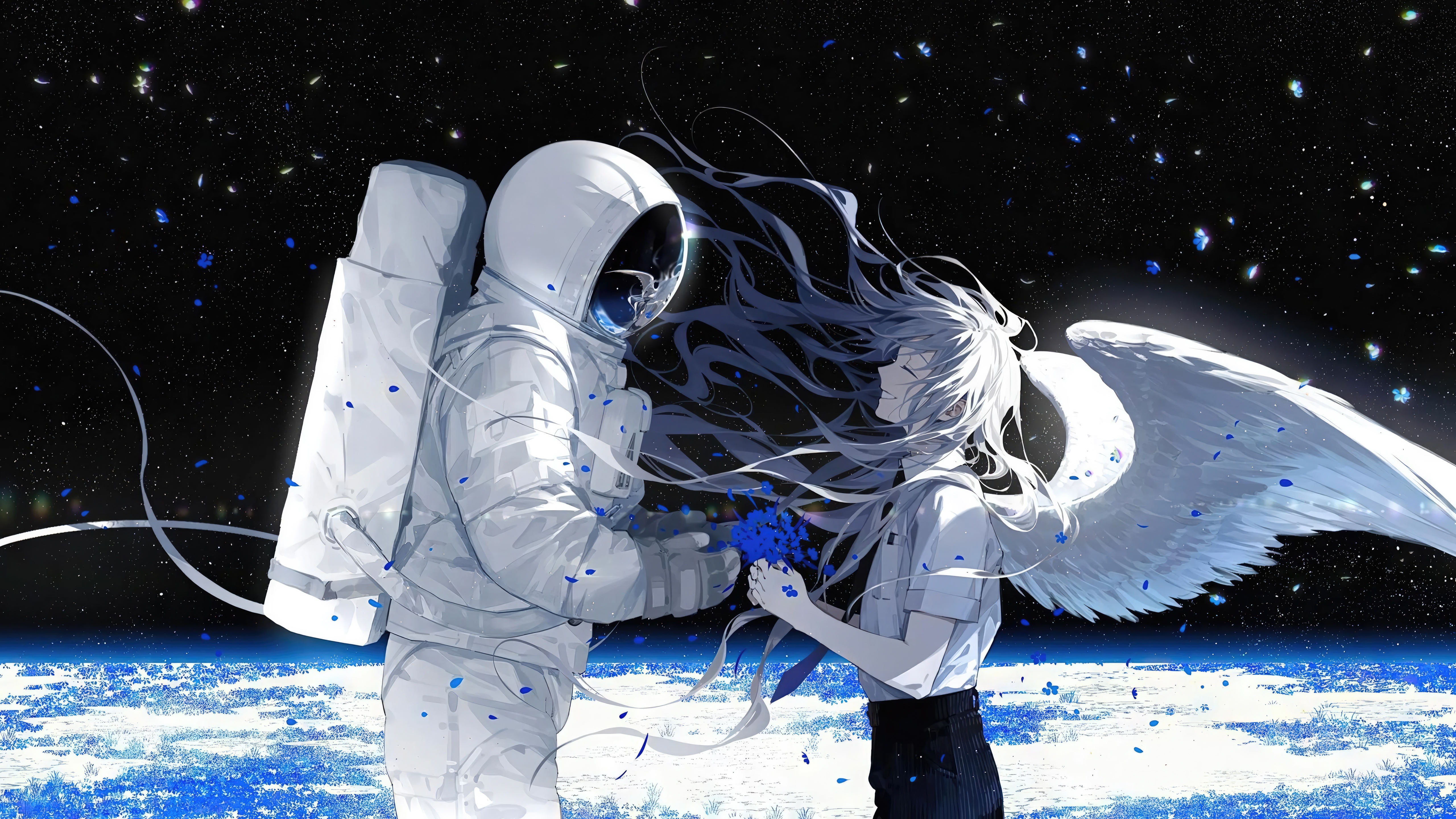 Astronaut and Angel Girl in Space with Earth Below HD Wallpaper
