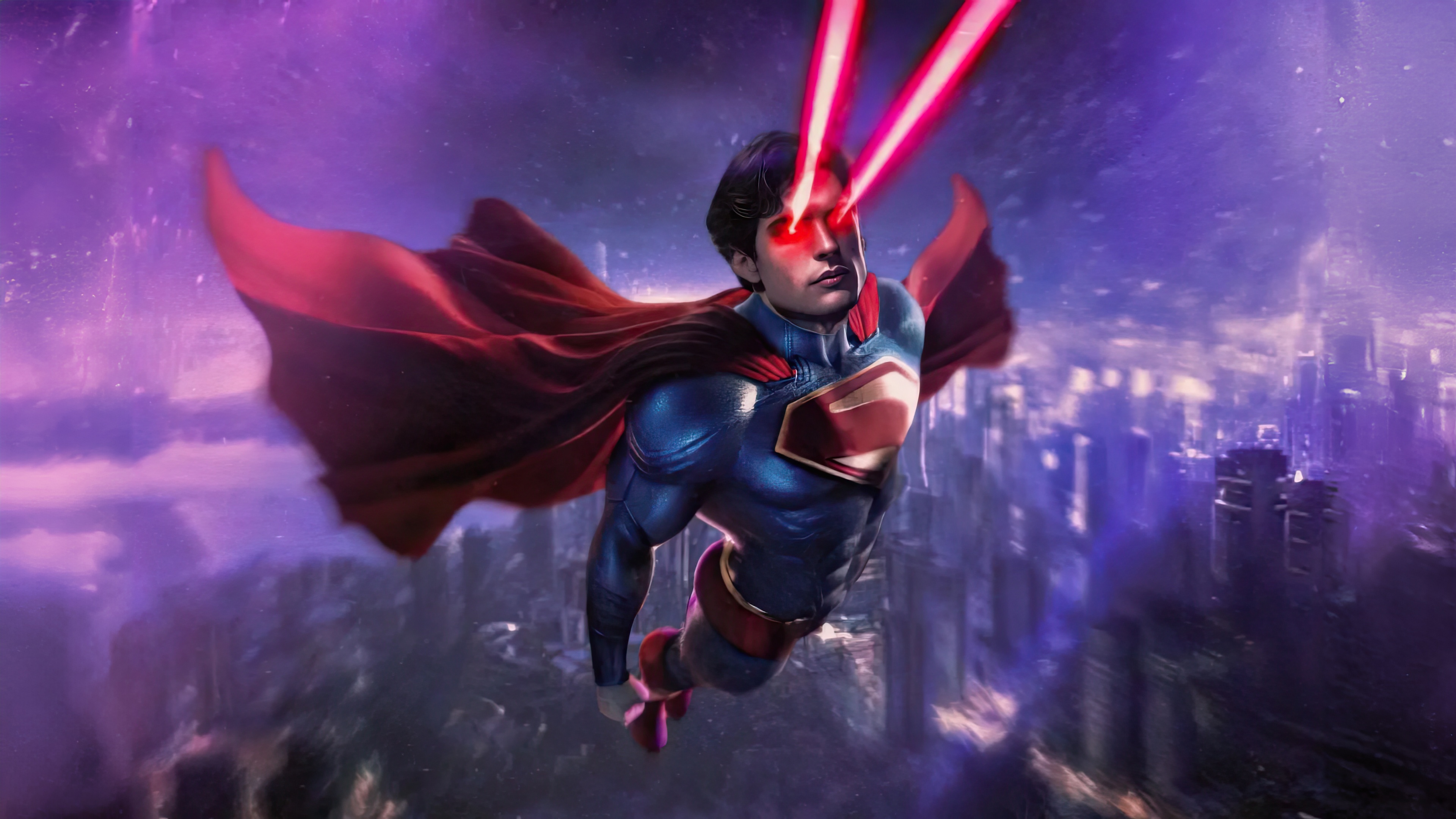 Superman flying over a city with heat vision HD Wallpaper