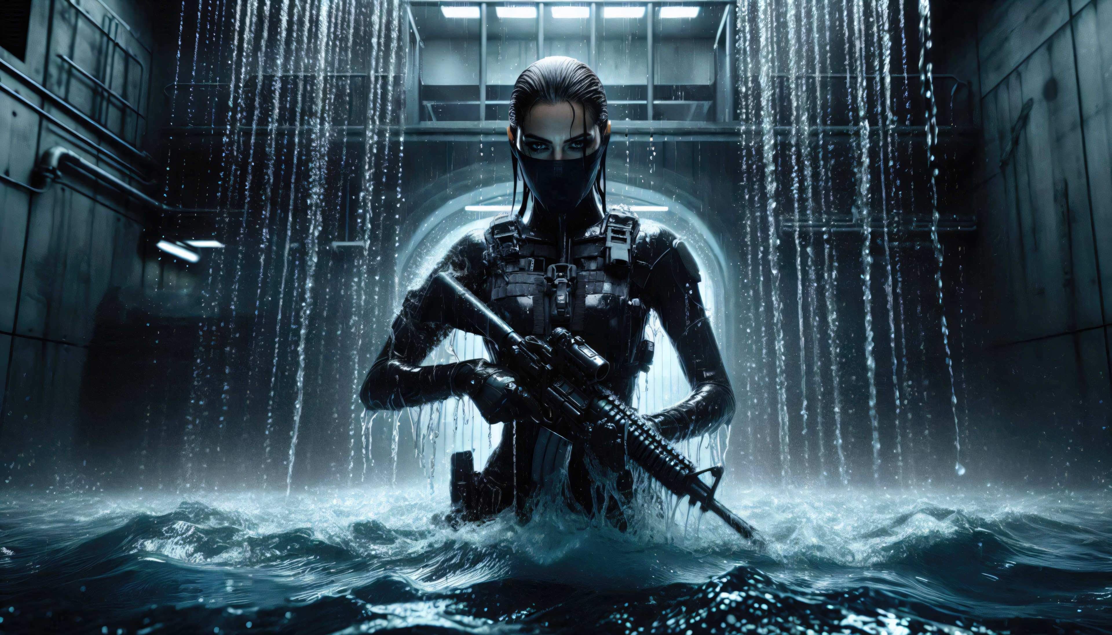 Sniper Girl in Water with Rifle HD Wallpaper