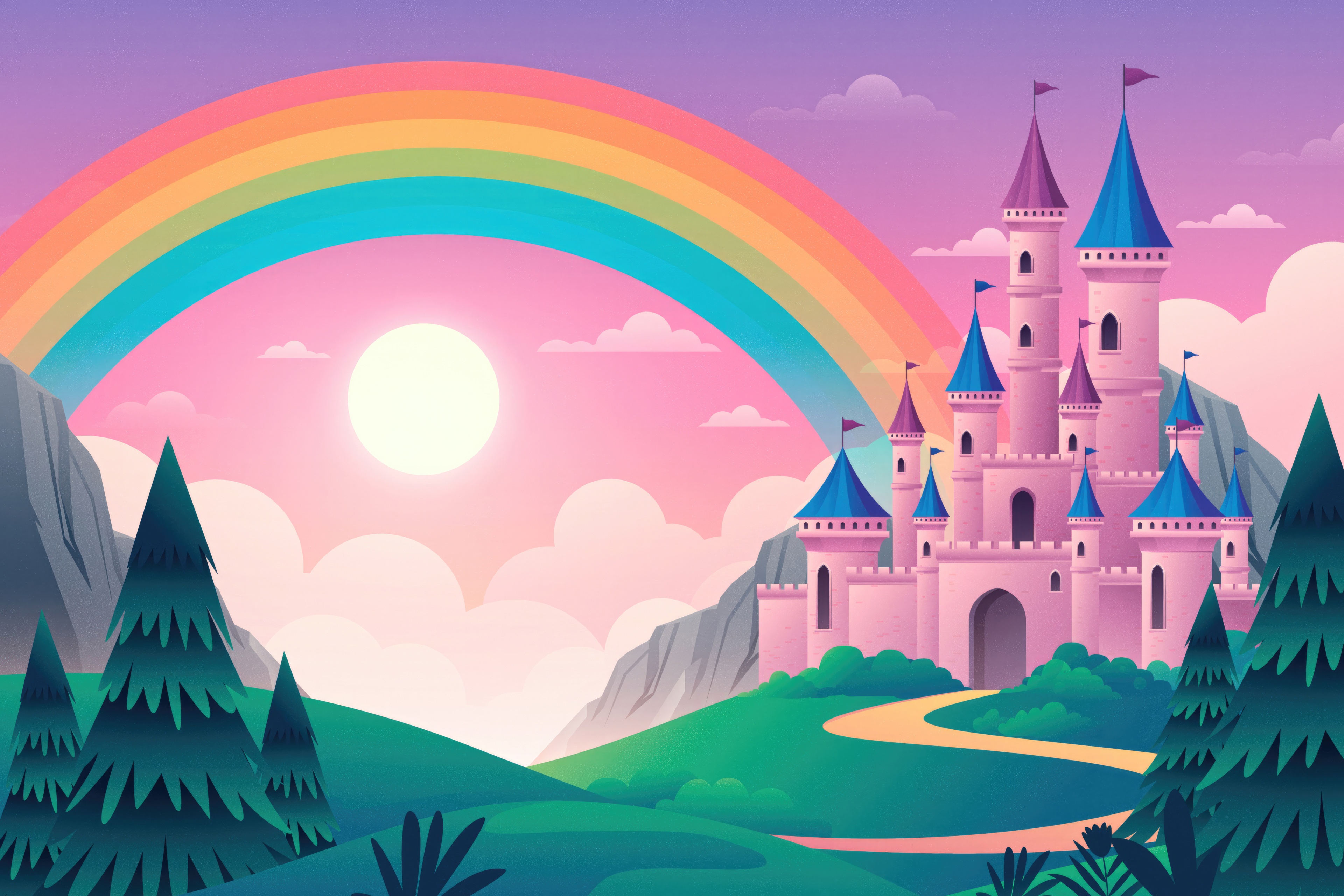 Pink Castle and Rainbow in a Fantasy Landscape HD Wallpaper