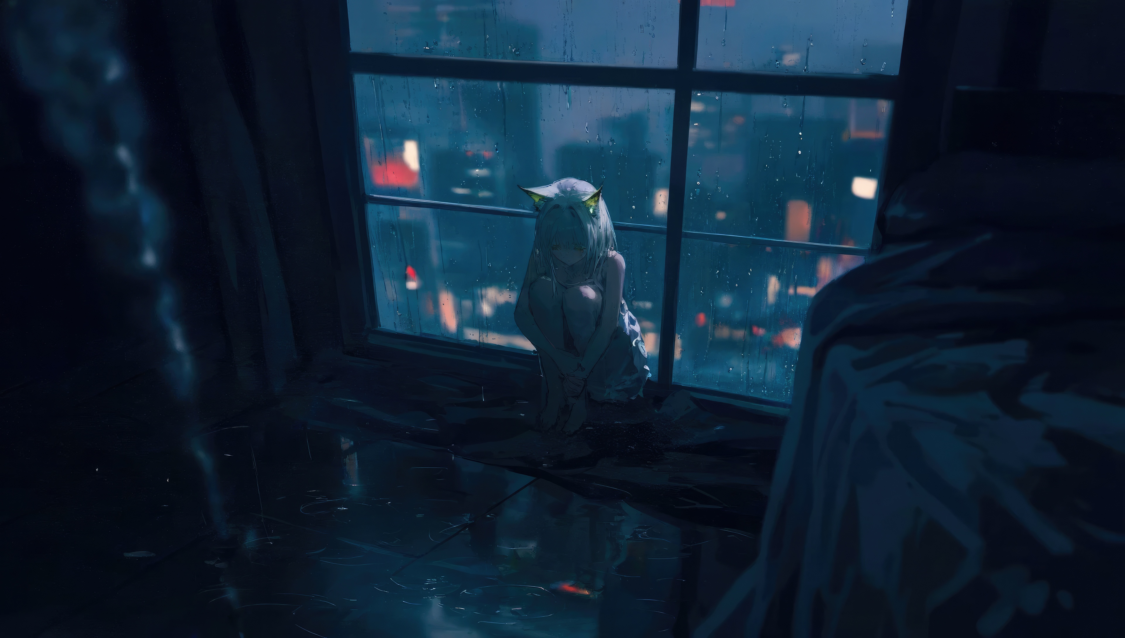 Lonely anime girl with cat ears sits by a rainy window HD Wallpaper