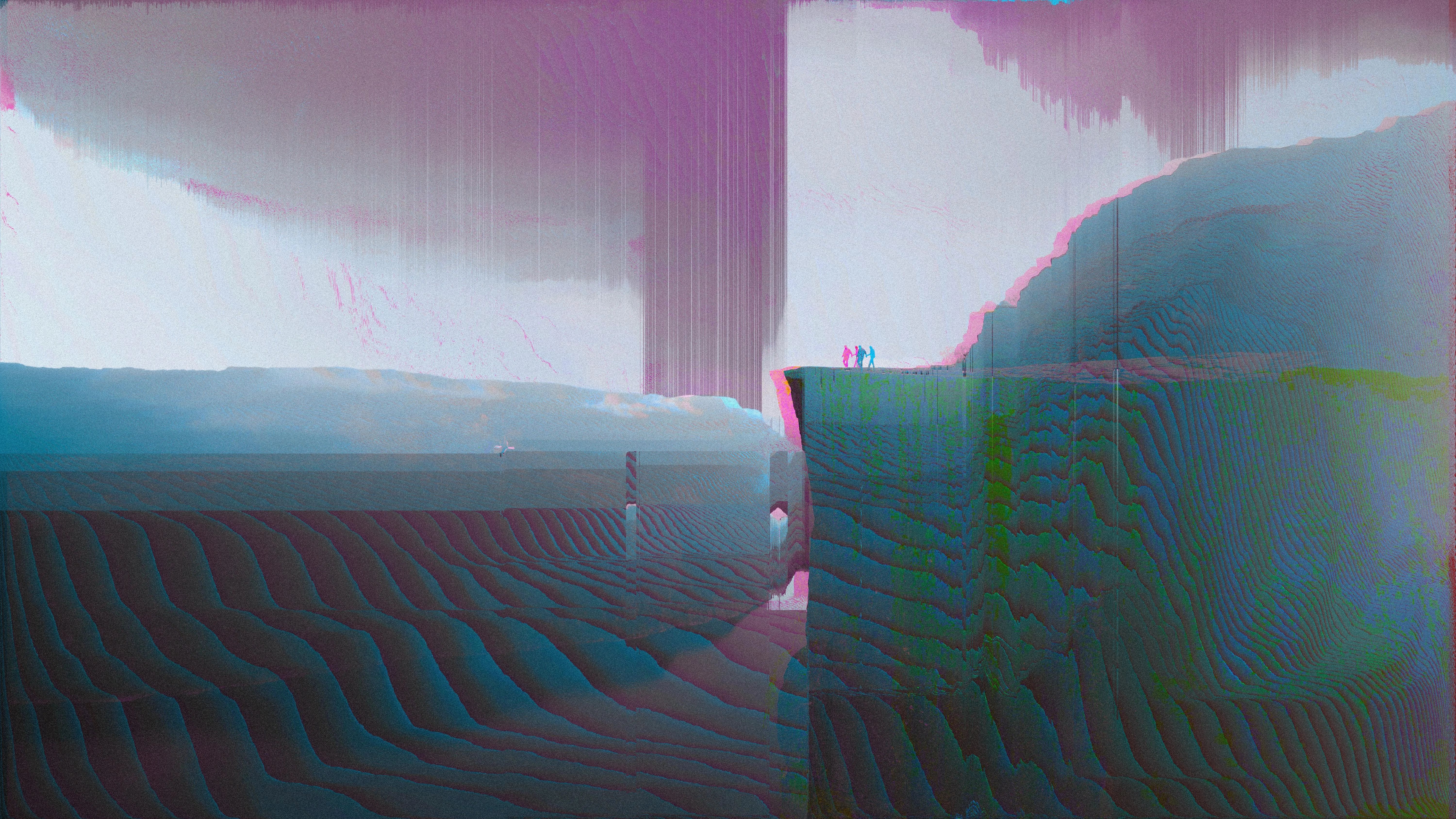 People on a cliff edge with glitching landscape HD Wallpaper