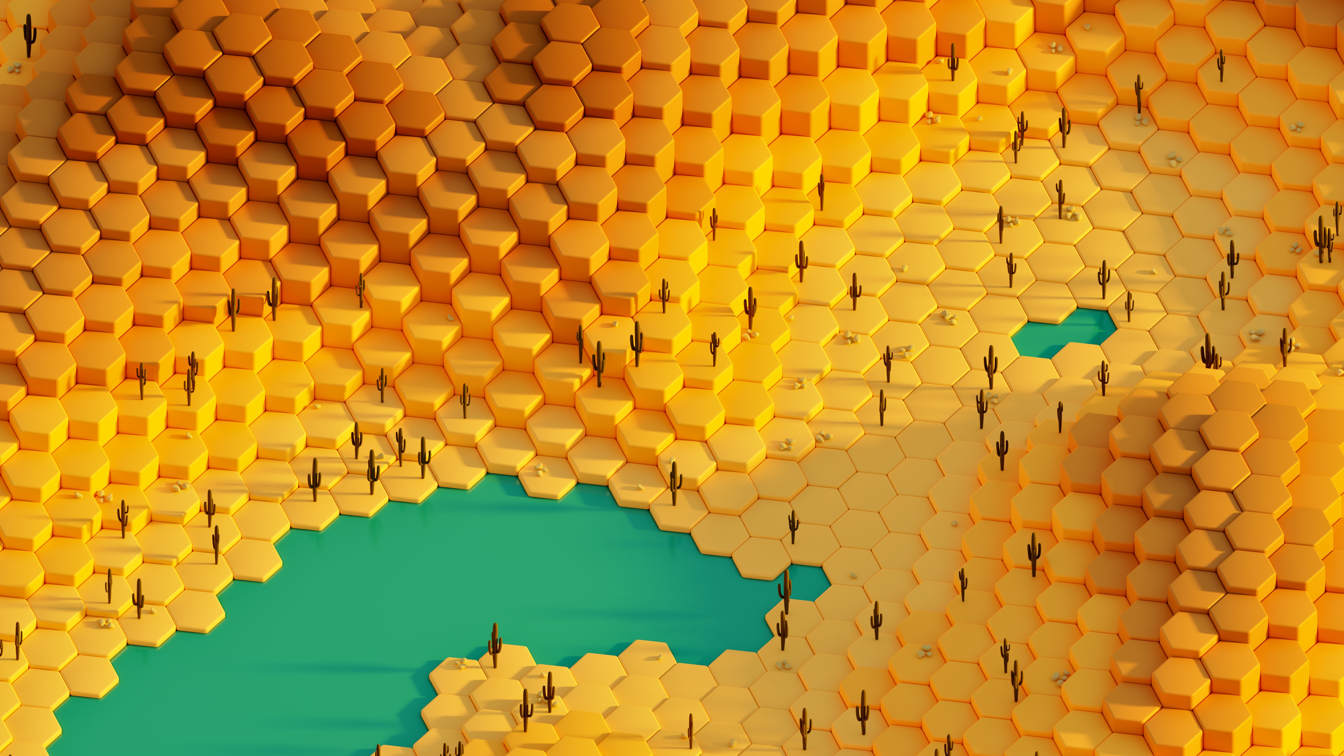 Hexagonal desert landscape with cacti and water HD Wallpaper