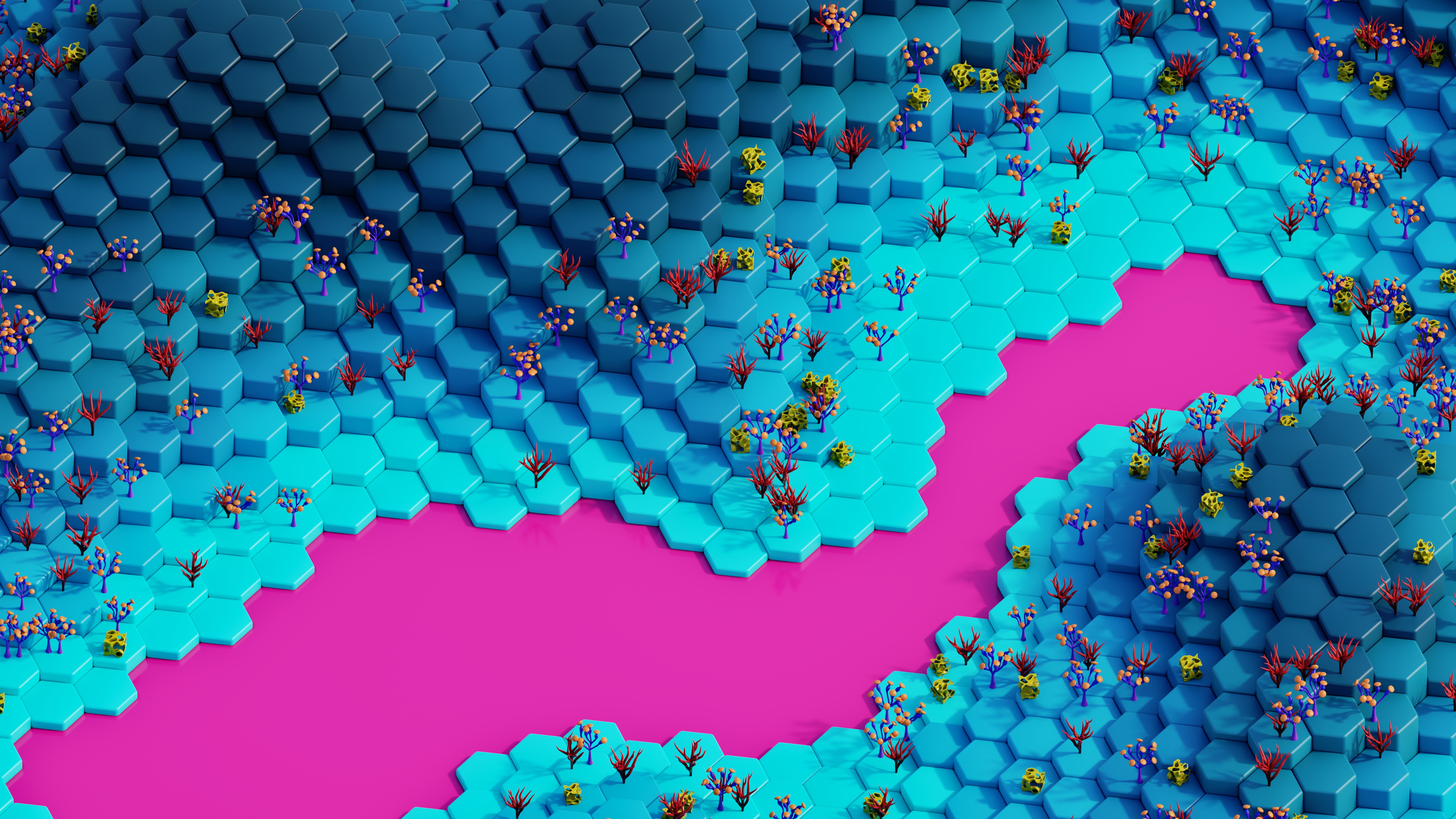 Hexagonal Landscape with Pink Lake HD Wallpaper