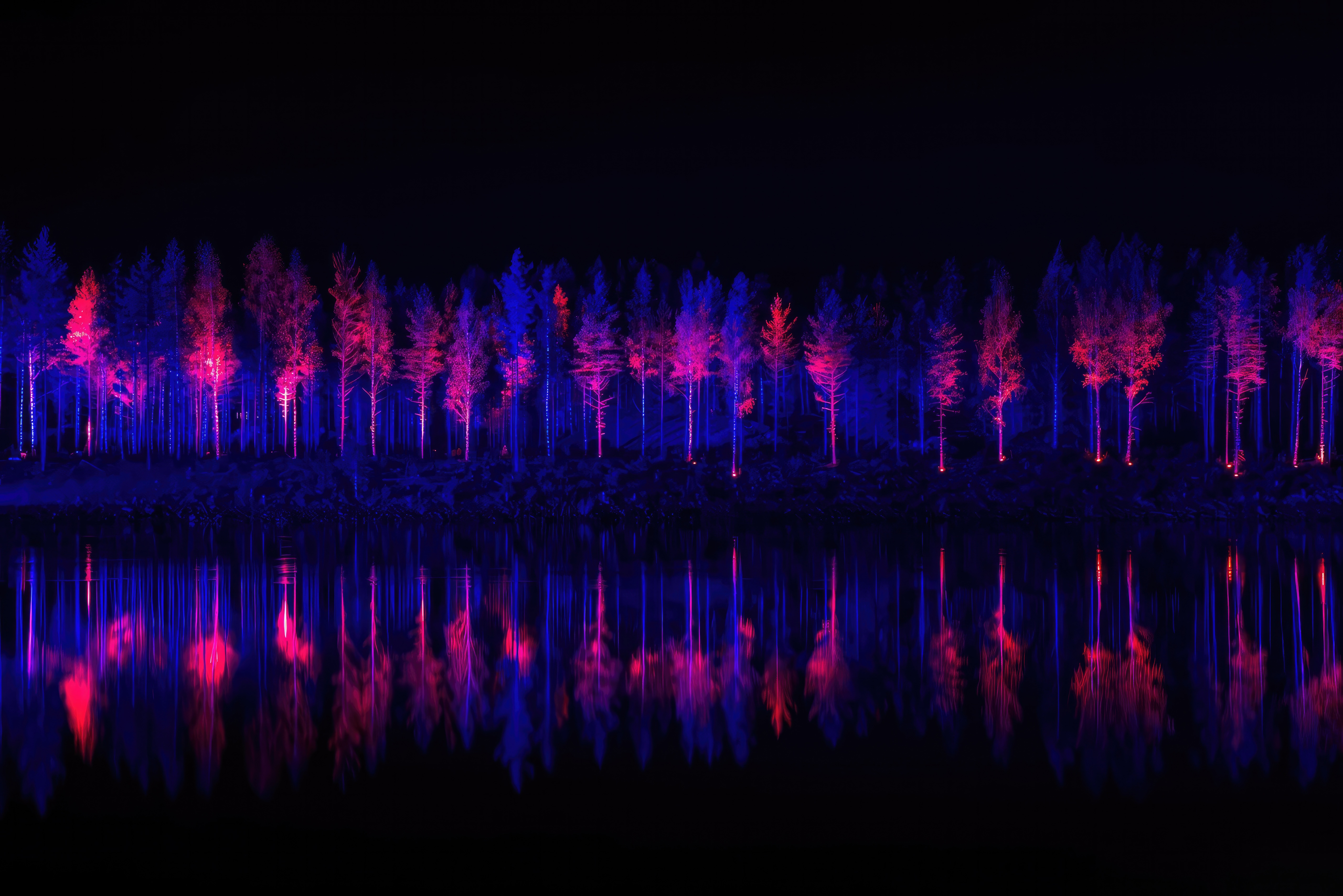 Trees lit with neon lights reflected in water at night HD Wallpaper