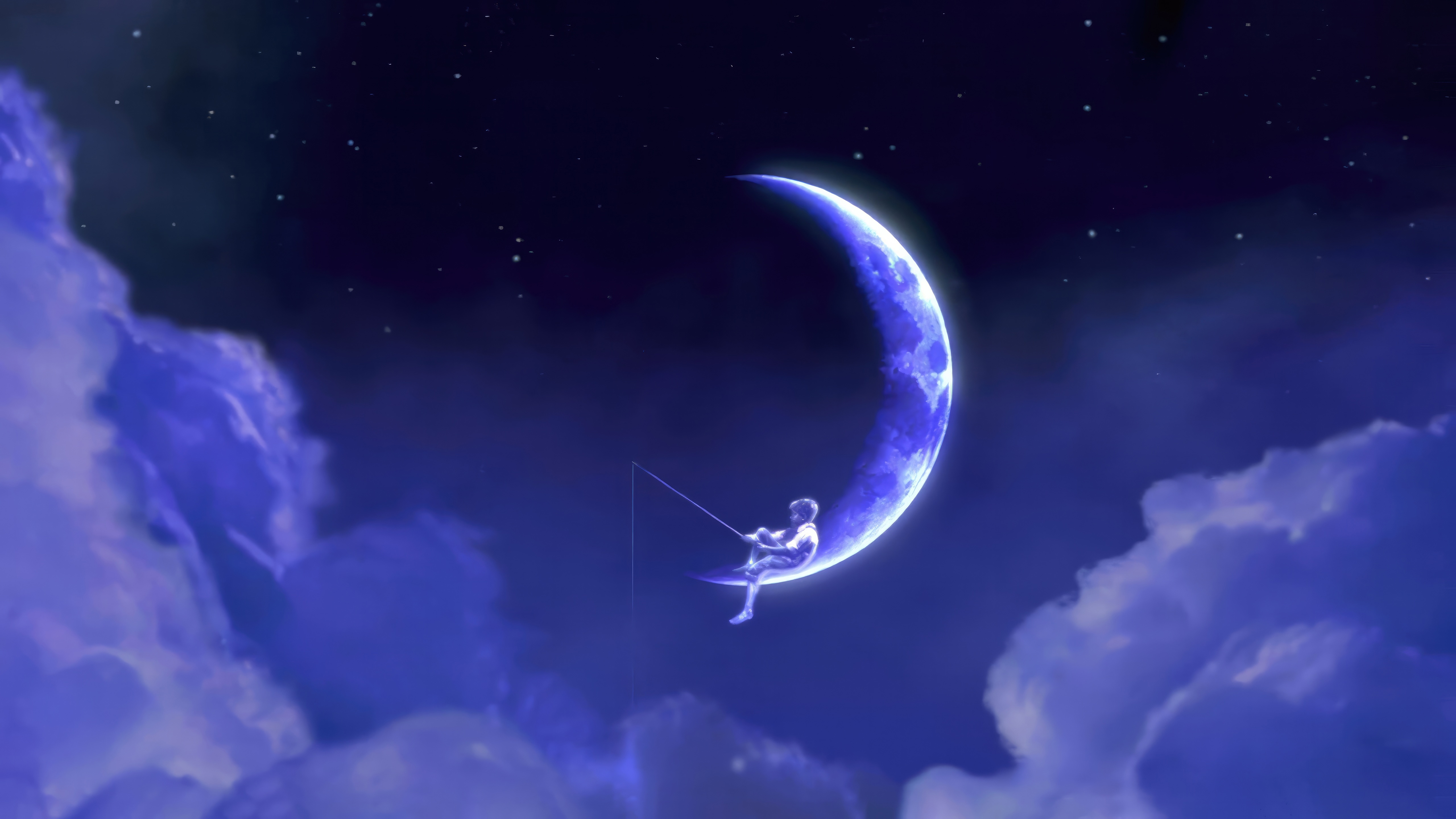 Boy fishing on a crescent moon HD Wallpaper