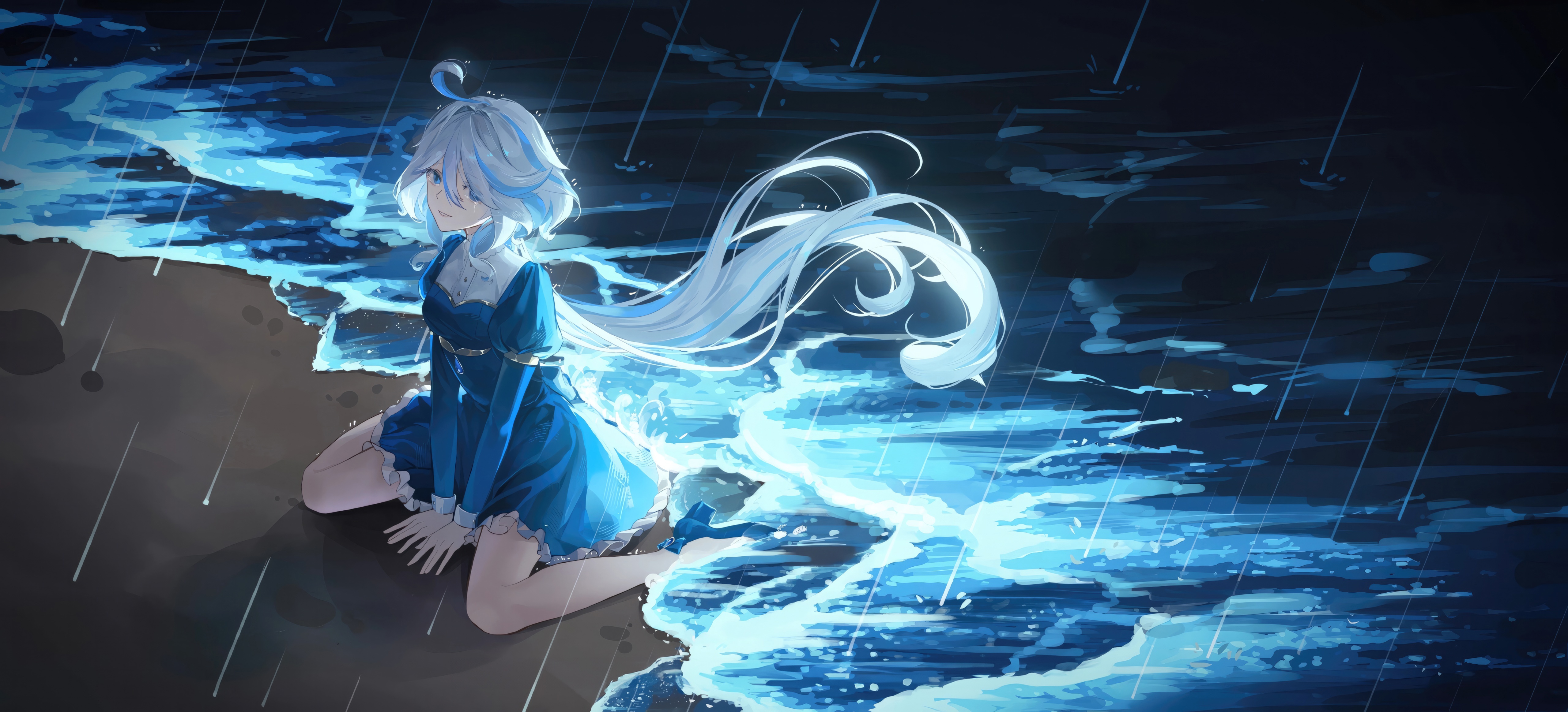 Furina from Genshin Impact sitting by the sea in the rain HD Wallpaper