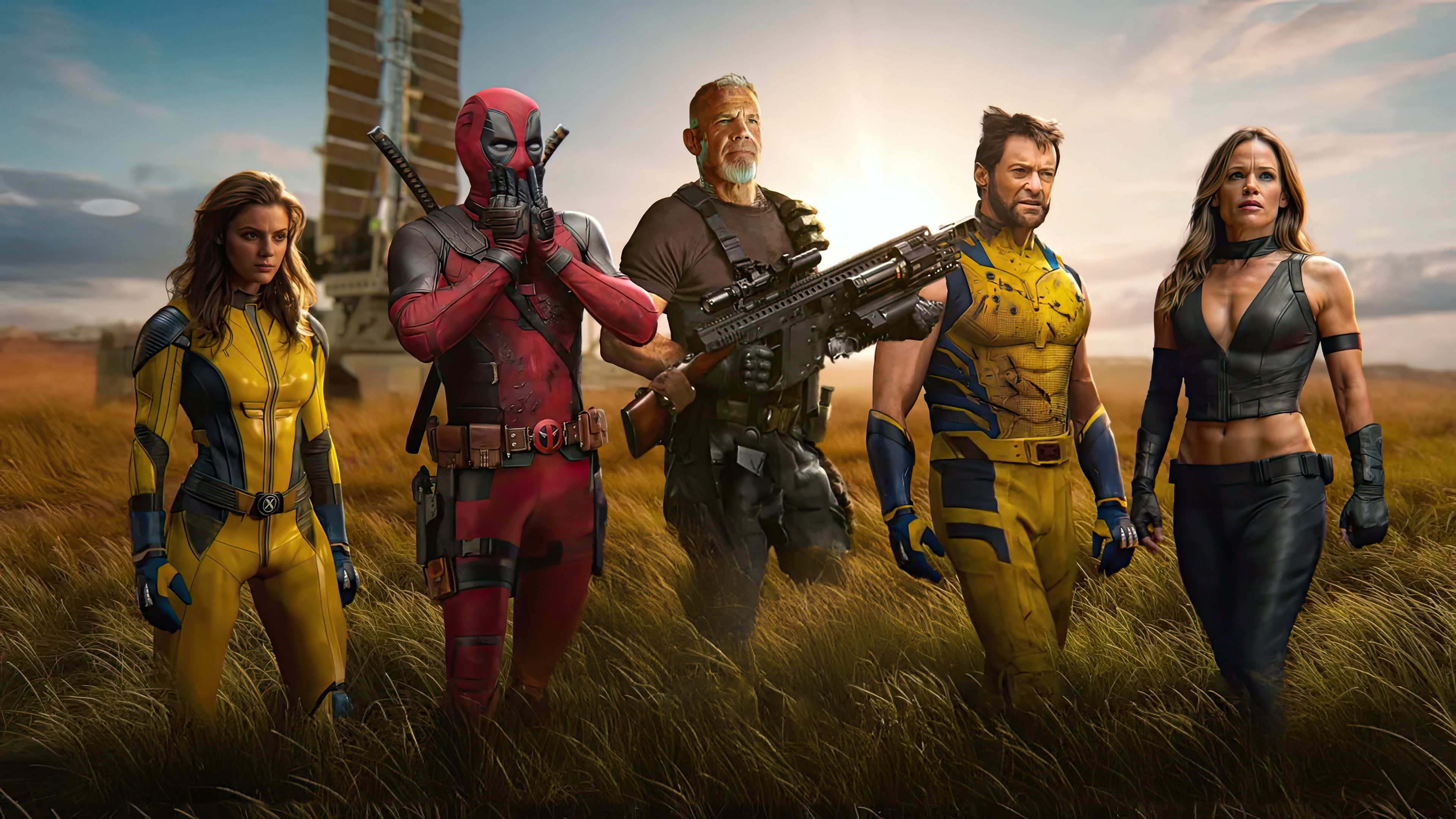 Deadpool, Wolverine, Cable, Domino, and Psylocke in a field HD Wallpaper