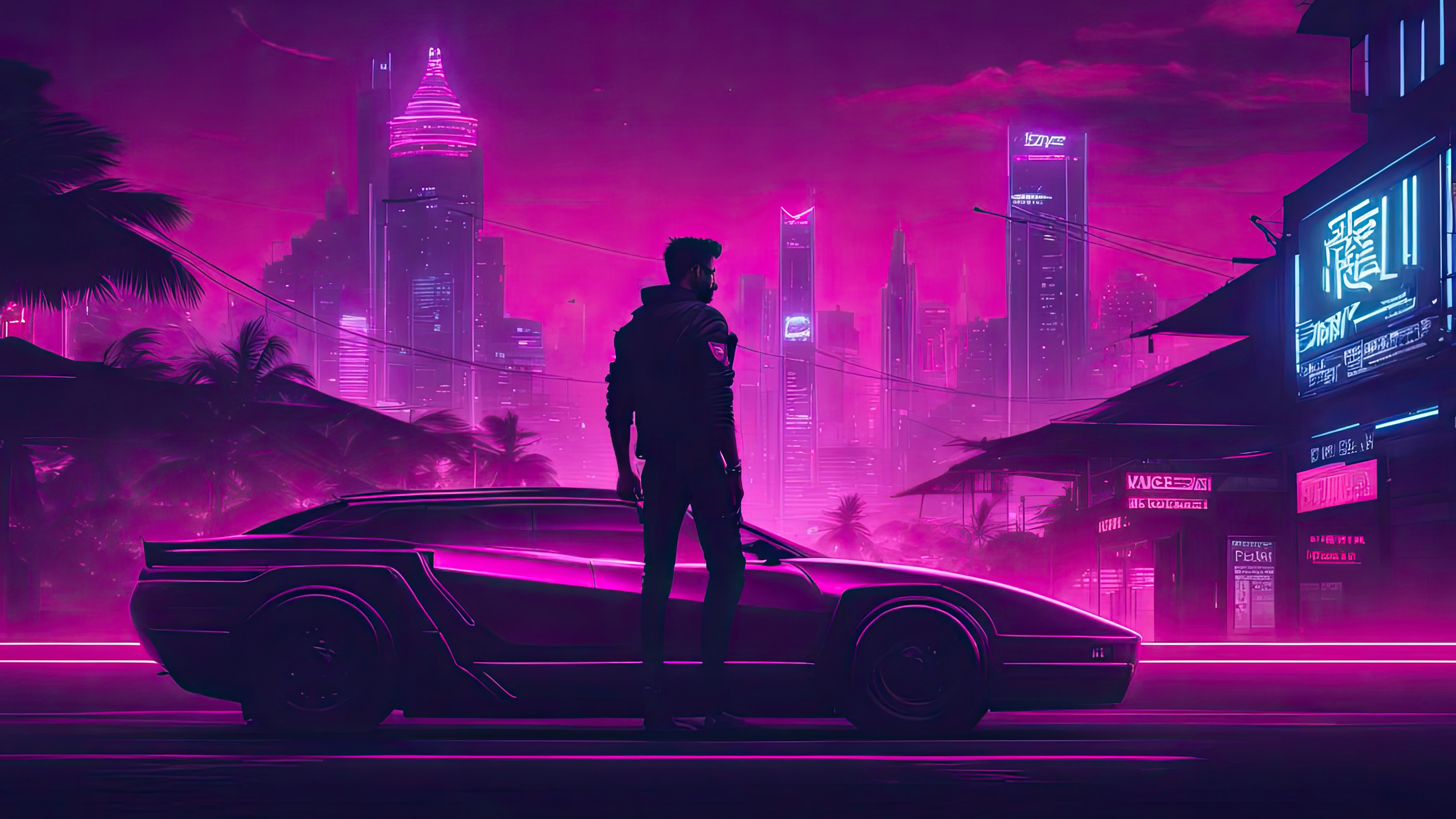 Man and Delorean in Cyber City HD Wallpaper