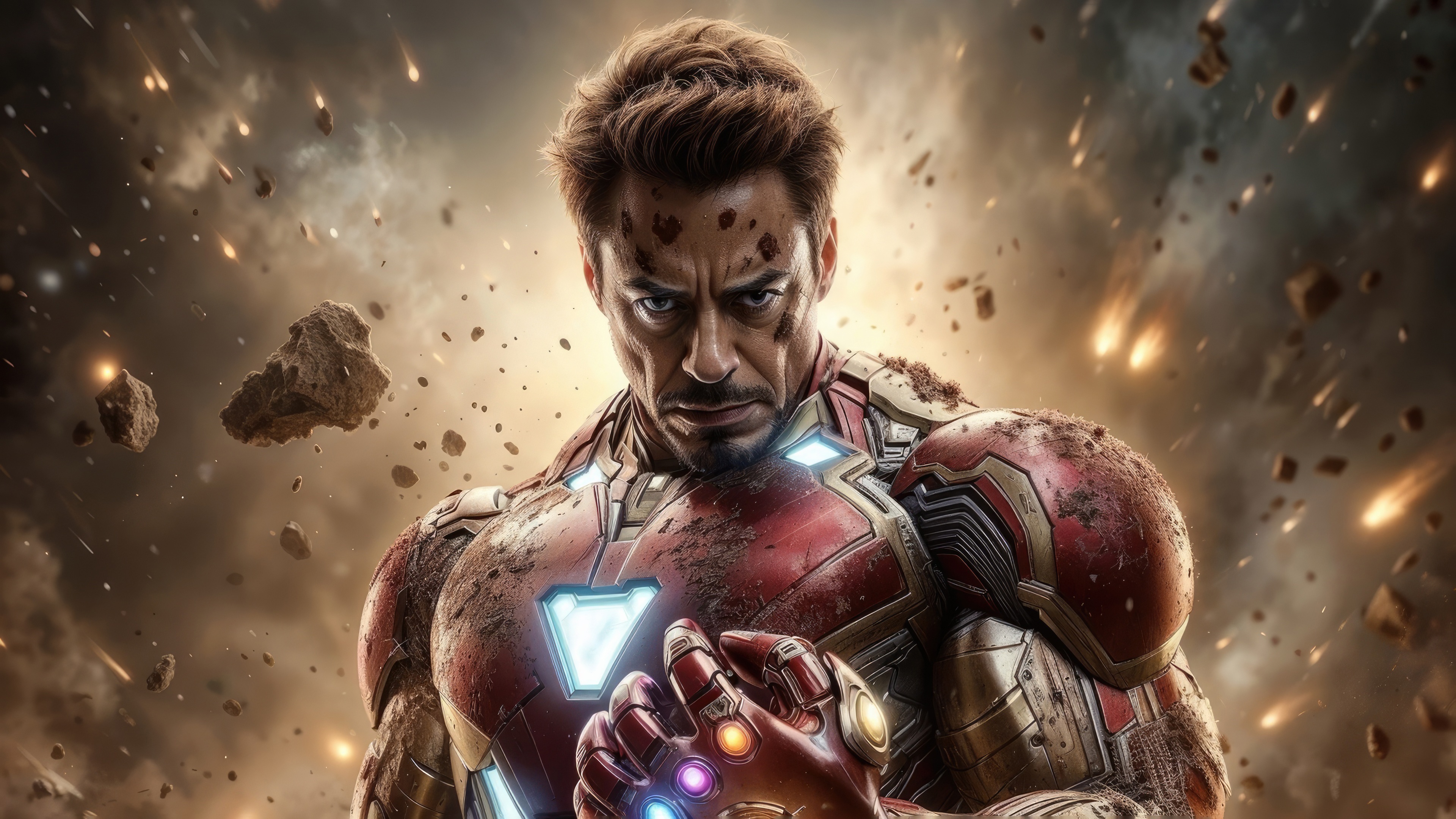 Iron Man with Infinity Gauntlet in battle HD Wallpaper