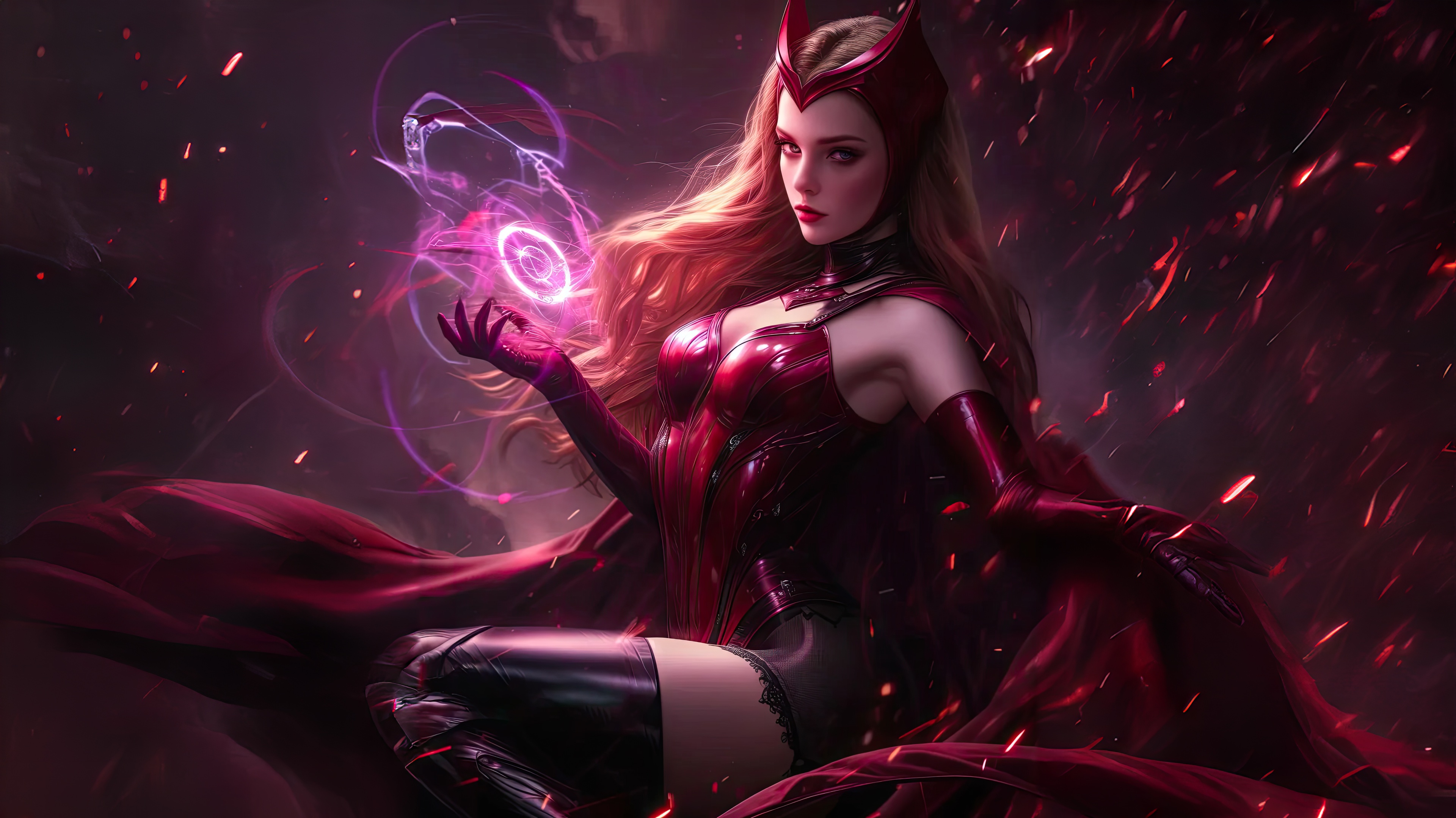Scarlet Witch casting magic with red energy HD Wallpaper