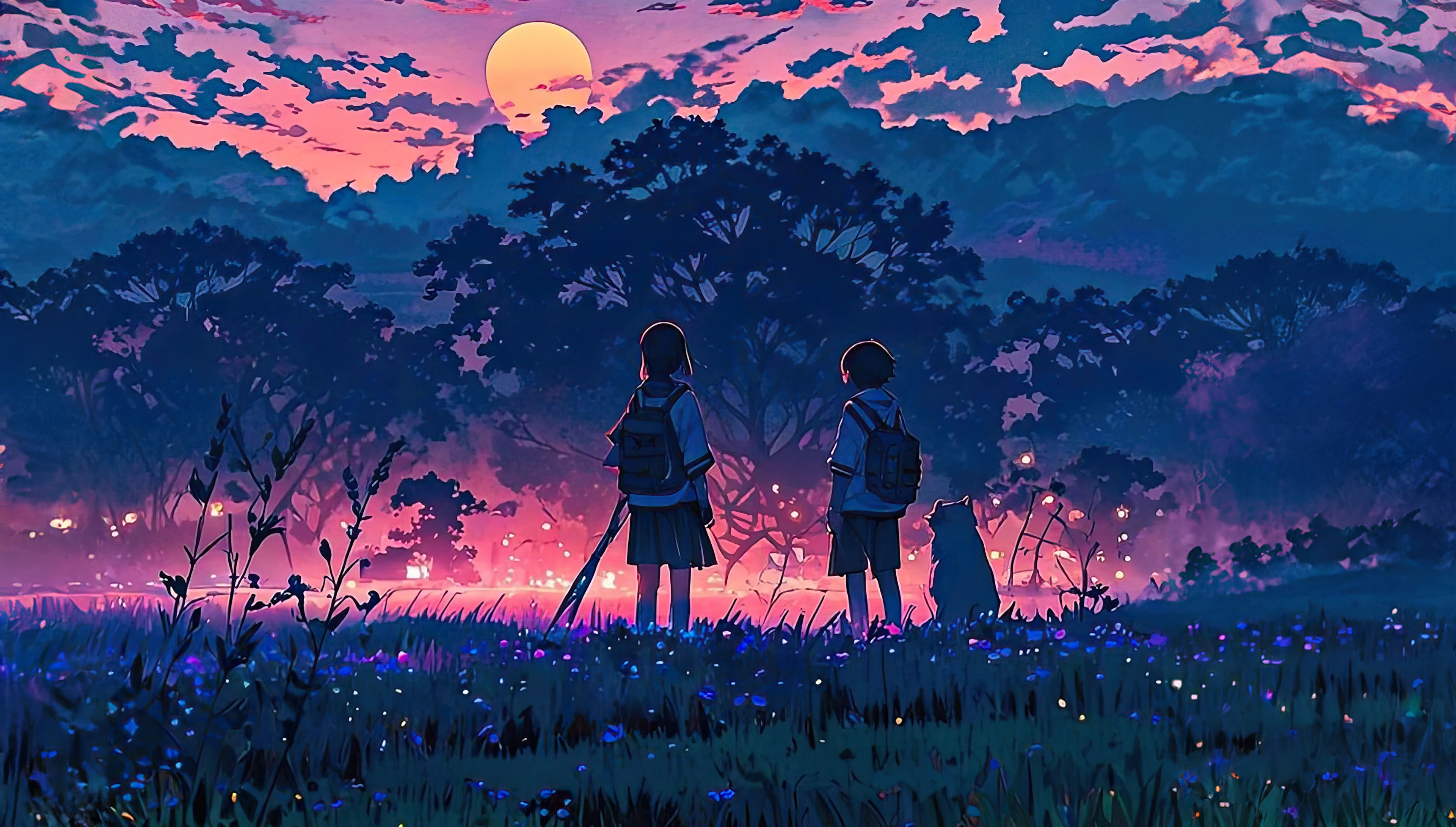 Two children and a dog watch the sunset in a field HD Wallpaper