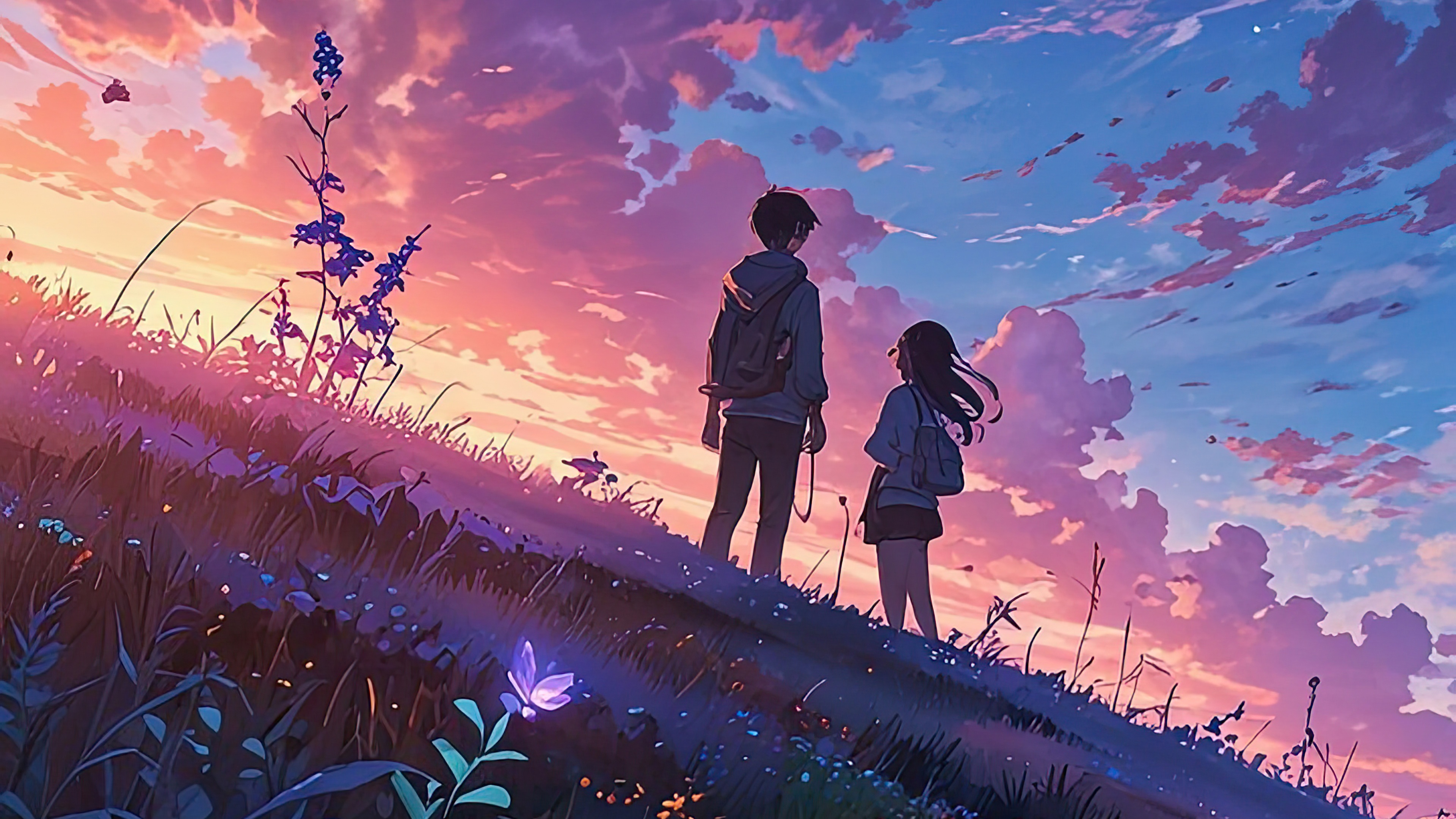 Two figures stand on a grassy hill at sunset HD Wallpaper