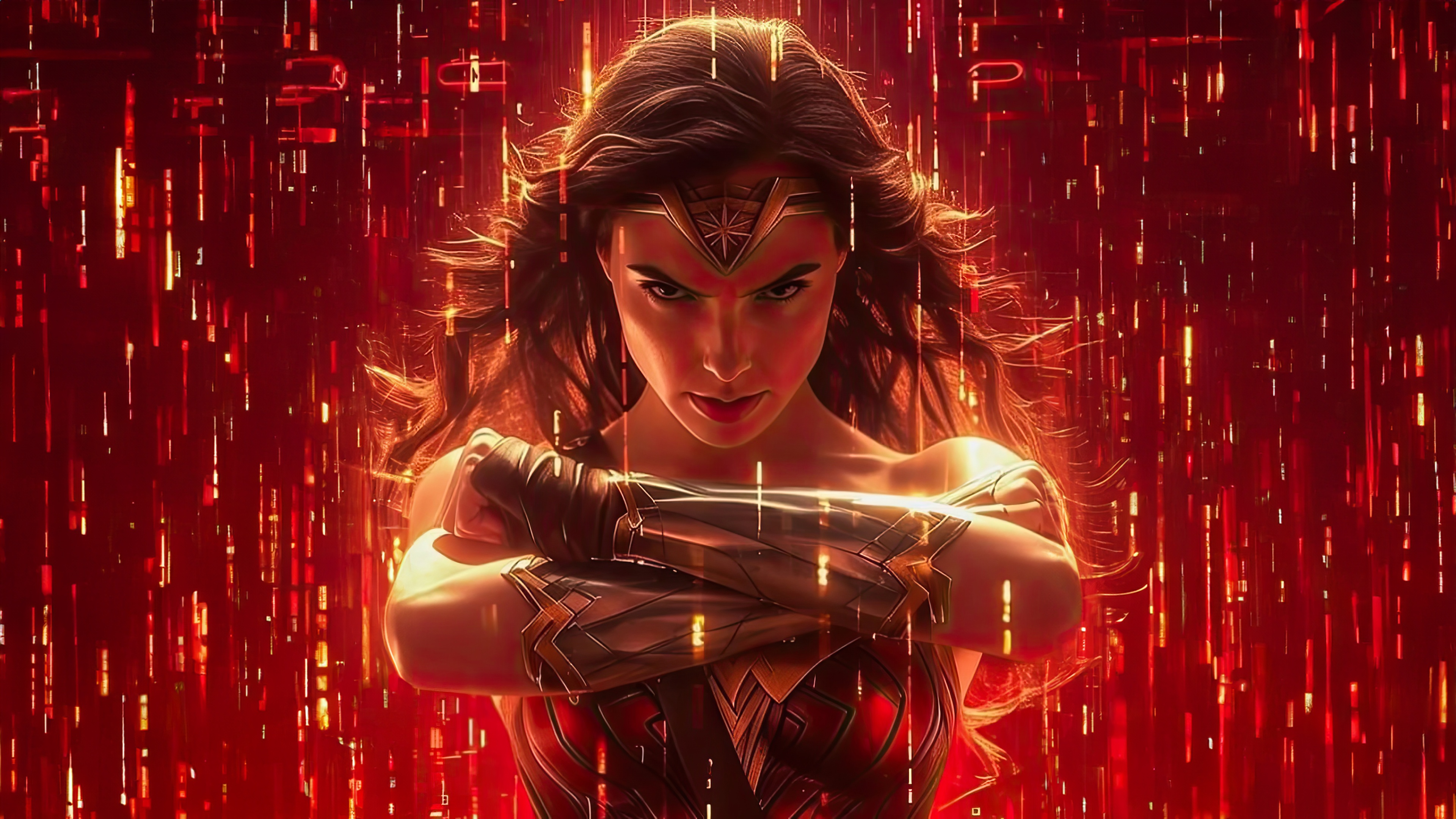 Wonder Woman with Red Digital Background HD Wallpaper