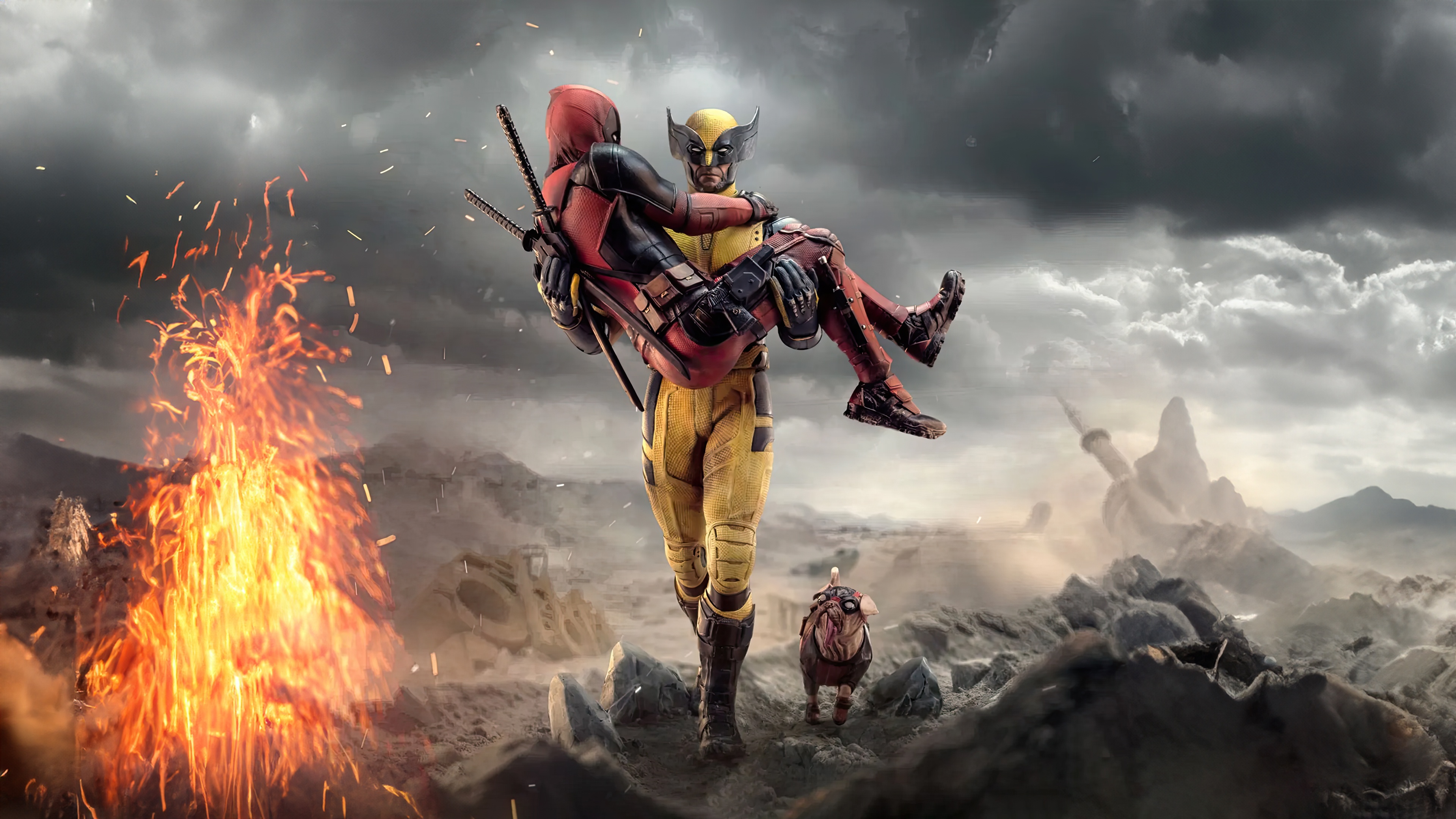 Deadpool carrying Wolverine through a desolate landscape HD Wallpaper