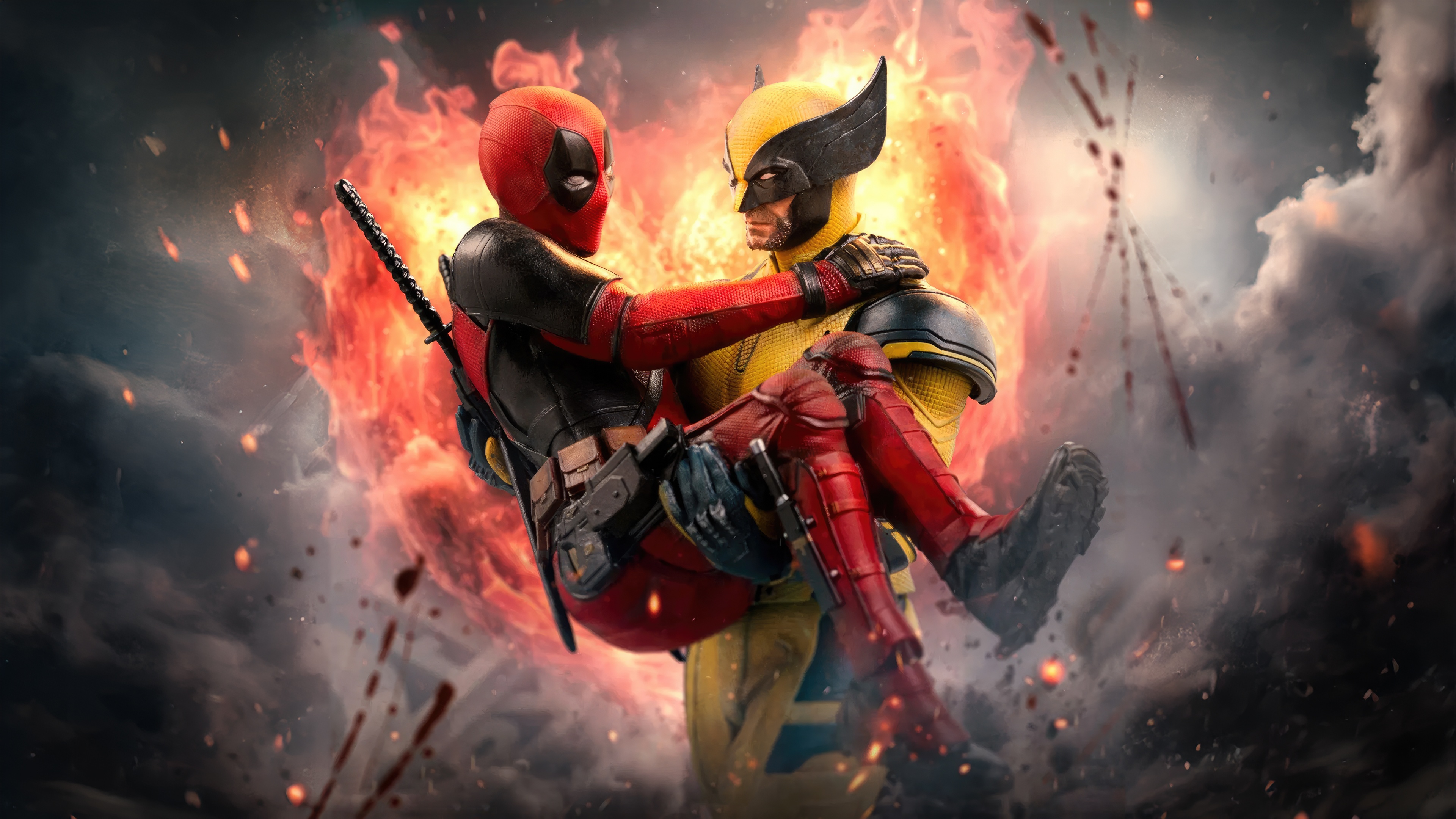 Deadpool carrying Wolverine amidst flames HD Wallpaper