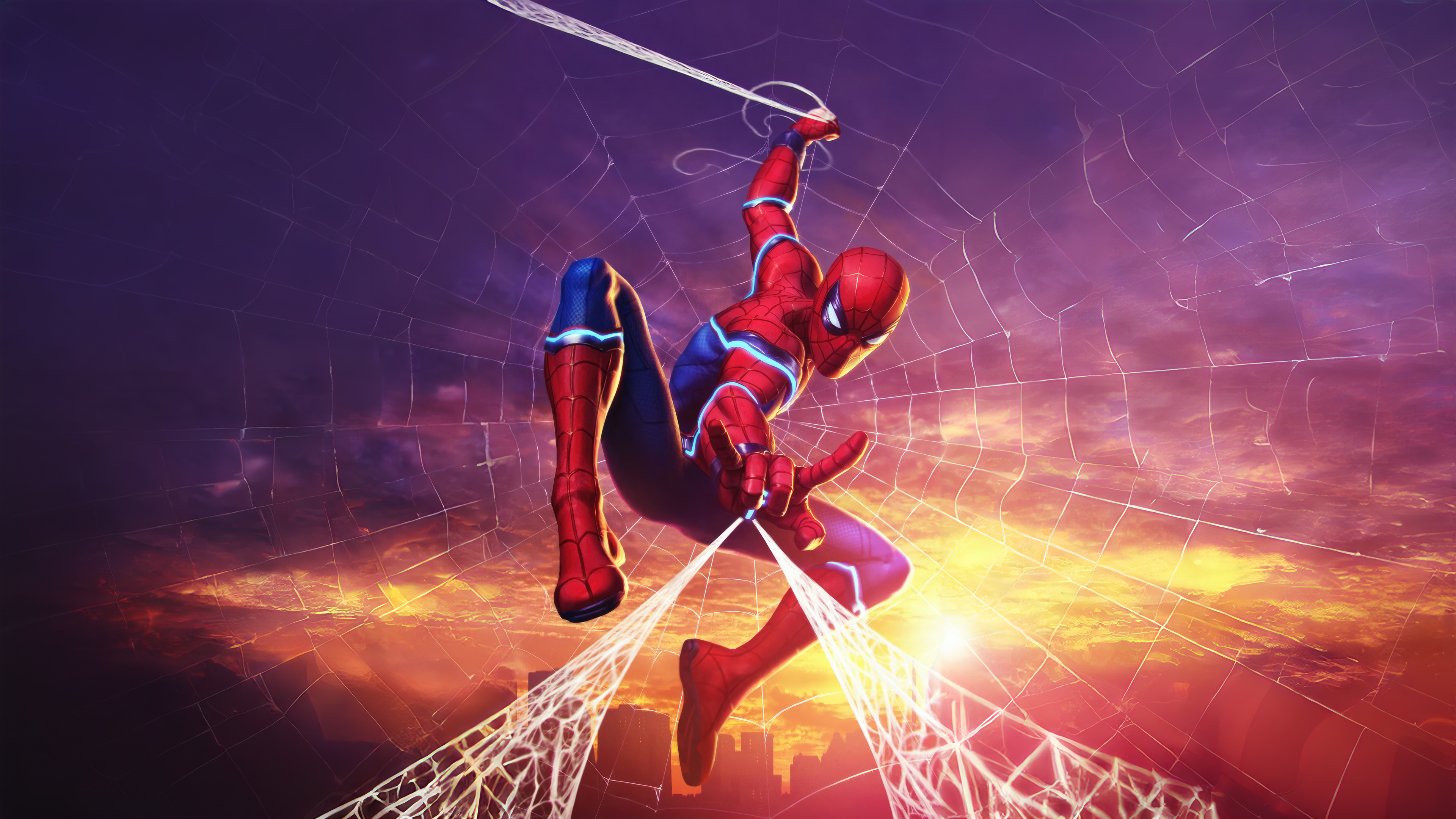 Spider-Man swinging through a sunset cityscape HD Wallpaper