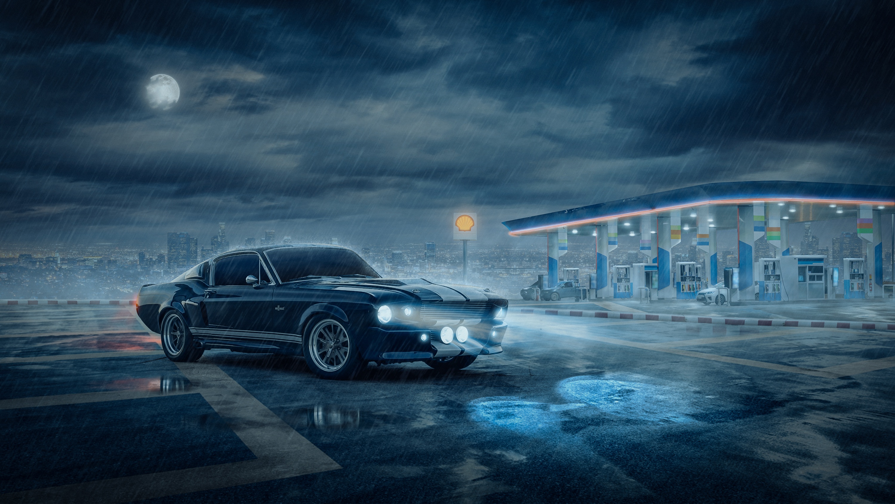 Ford Mustang Outcast at a rainy gas station HD Wallpaper