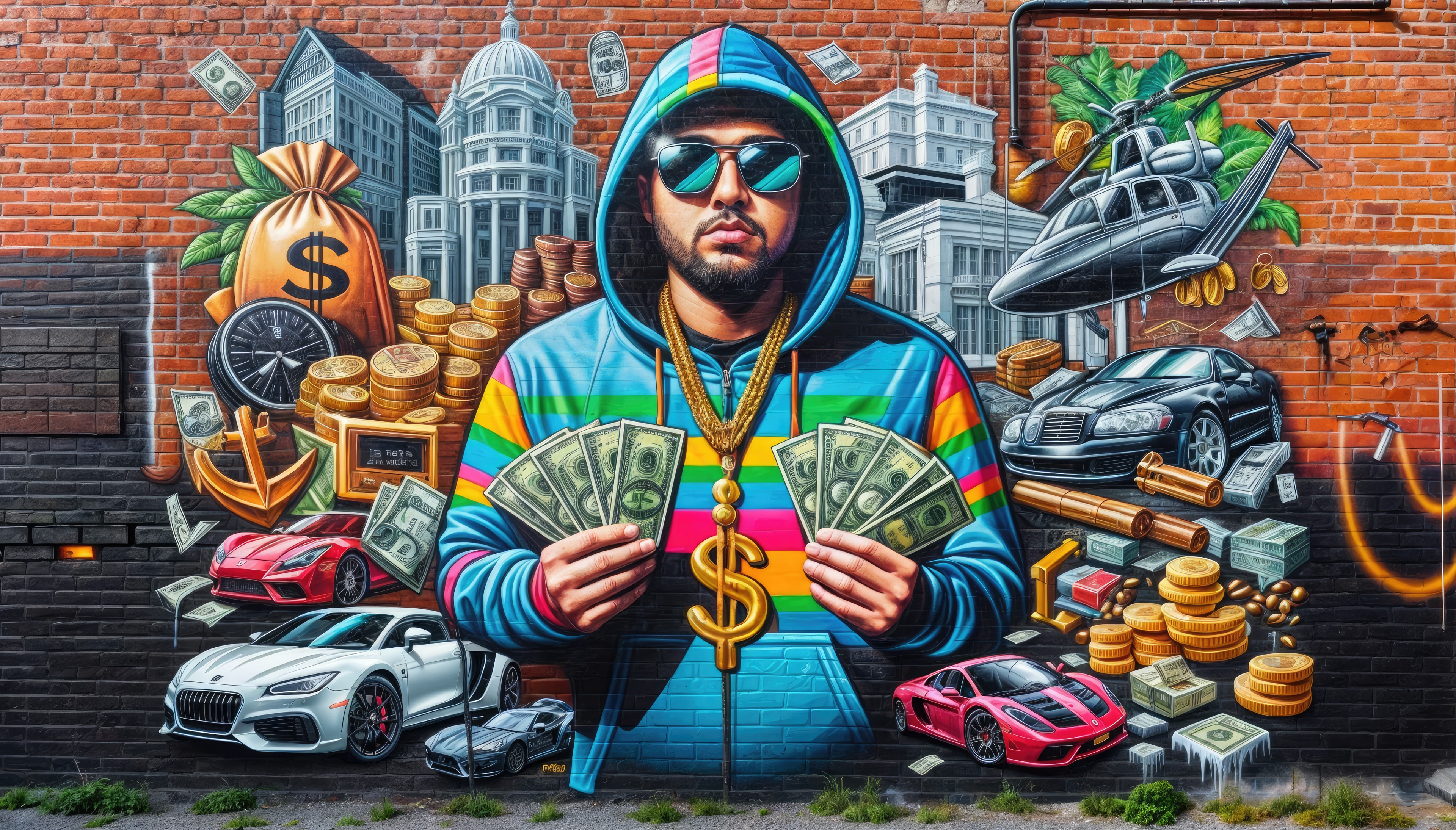 Graffiti Boy with Money and Luxury Items HD Wallpaper